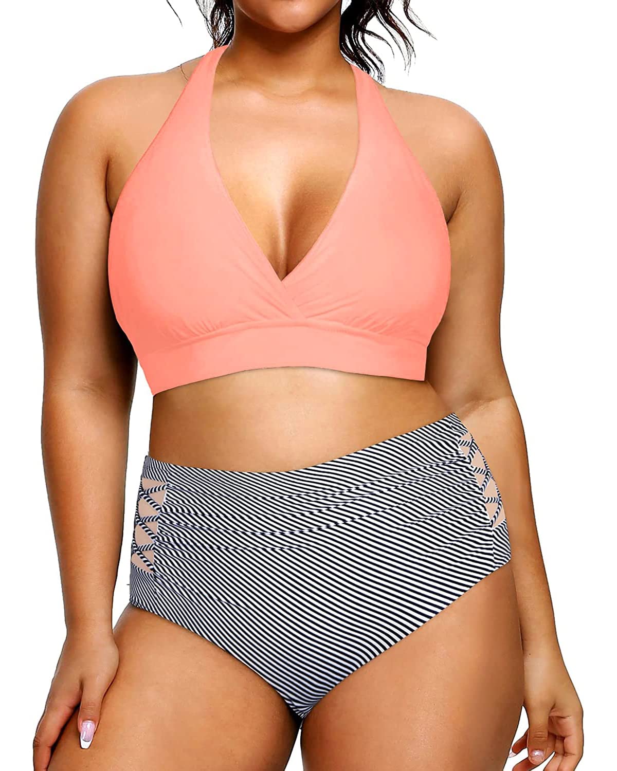 Yonique Womens Two Piece Plus Size Halter Bikini Swimsuits Tummy Control Bathing Suits High Waisted Swimwear