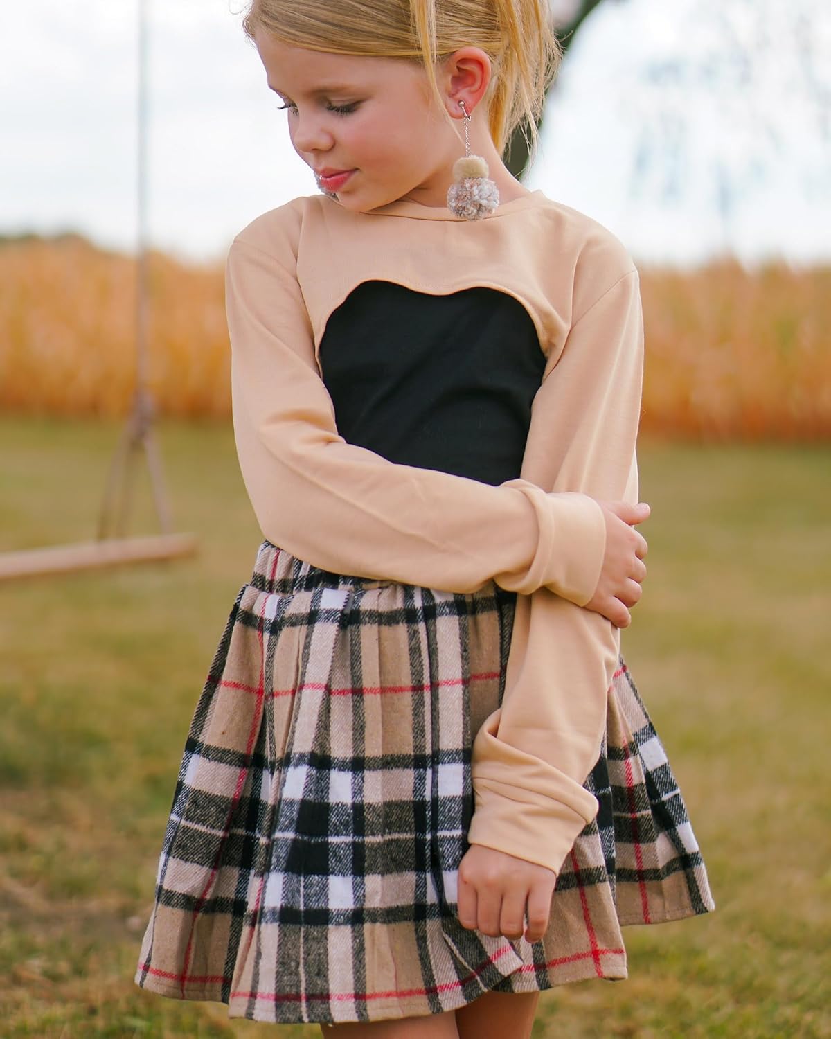 fioukiay Girls 3 Piece Outfit Skirt Sets Long Sleeve Sweatshirt and Plaid Pleated Skirt with Camisole Clothes Set - Image 4