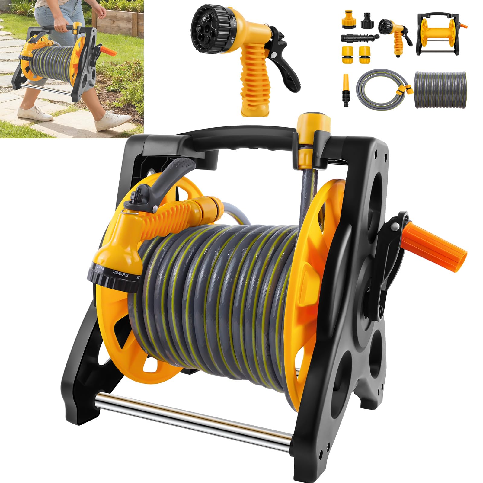 Hose Pipe Reel 25M | Heavy Duty Garden Hose 82 Feet | Hosepipes for Garden with Water Spray Gun, Adjustable Nozzles, Stand | Lightweight & Portable Hosepipe for Watering Garden, Flowers, Cars, Pets