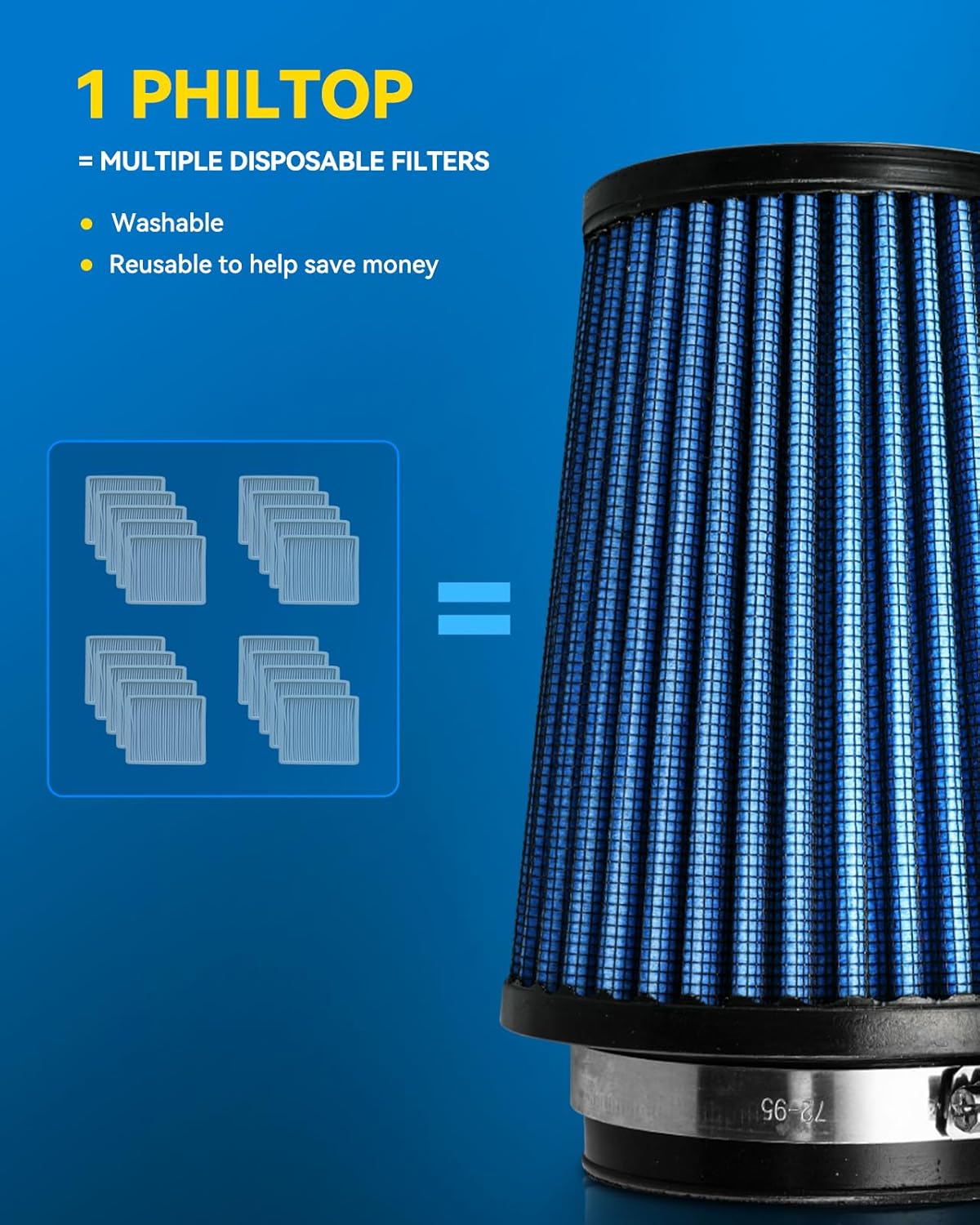 PHILTOP Universal Clamp-On Air Intake Filter, Washable, Replacement Air Filter: High Flow Air Filter Flange Diameter: 3 In, Filter Height: 5.75 In, Flange Length: 0.75 In, Shape: Round Tapered