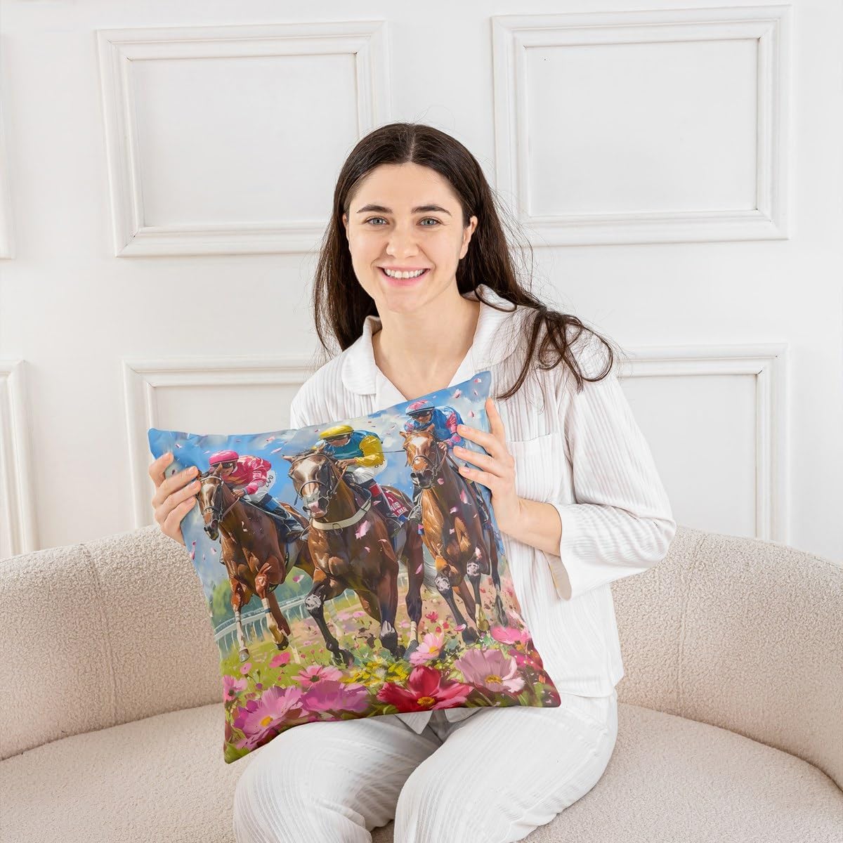 Horse Racing Pillow Cover Sports Competition Gaming Pillow Case for Kids Teens Adults Nature Blooming Flower Cushion Cover for Living Room Oil Painting Style Pillowcase 16x16 Inch image 2