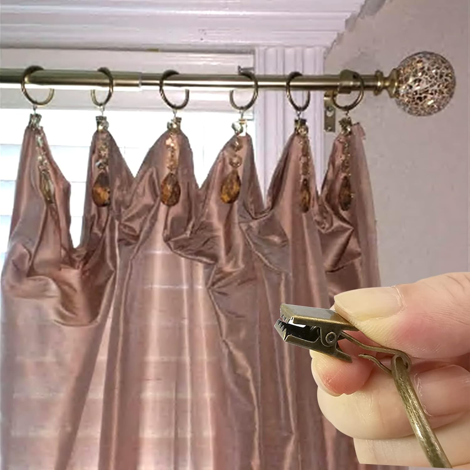 WeeksEight 100 Pack Bronze Curtain Rings with Clips, Curtain Hooks Hangers Clip Rings for Hanging Drapes Bows Hat, Drapery Rings 1.5 in I D, Fits up to 1.2 in Diameter Curtain Rod.