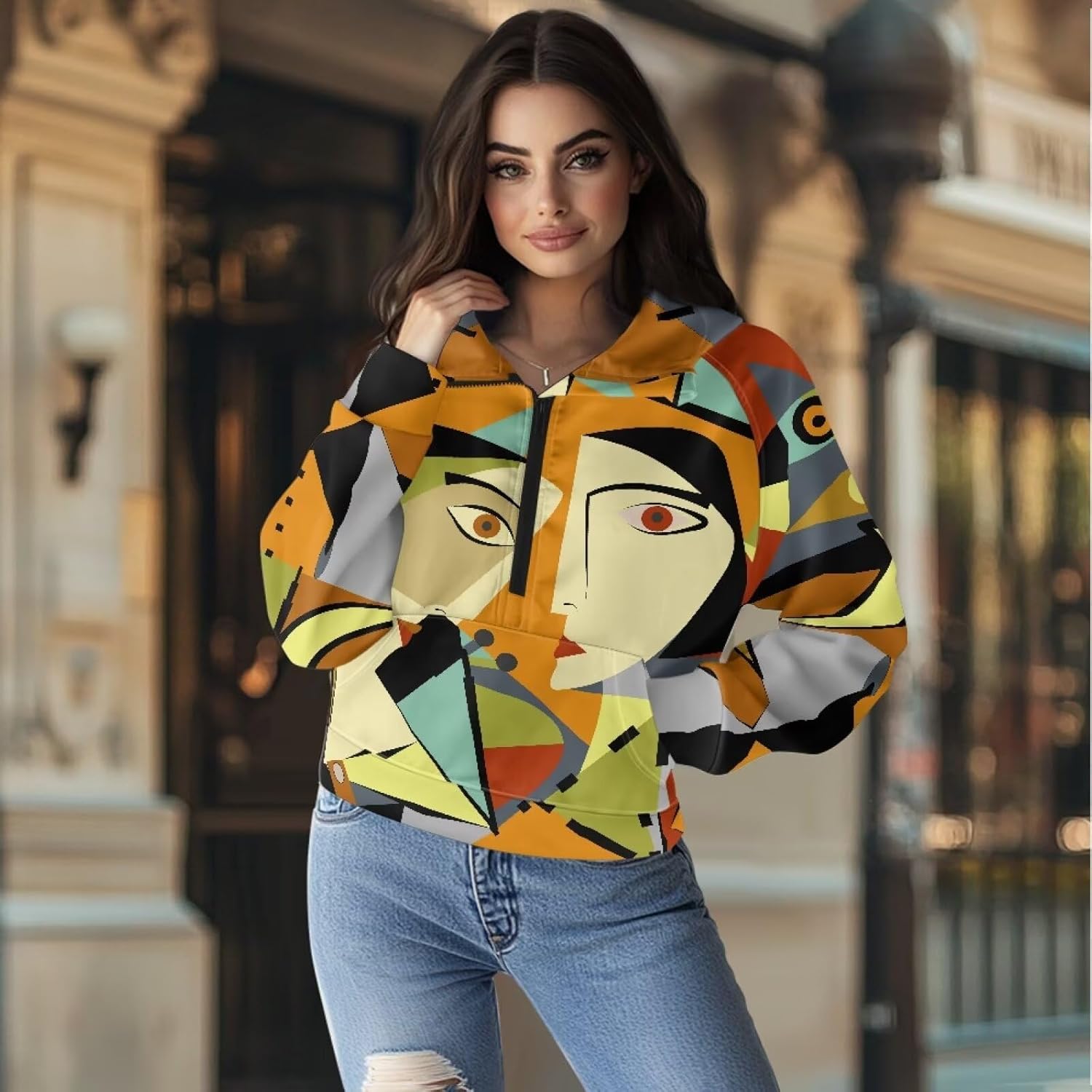 Womens Hoodies Half Zip Up Fall Winter Hooded Sweatshirts with Pockets Stand Collar Cropped Pullover Tops