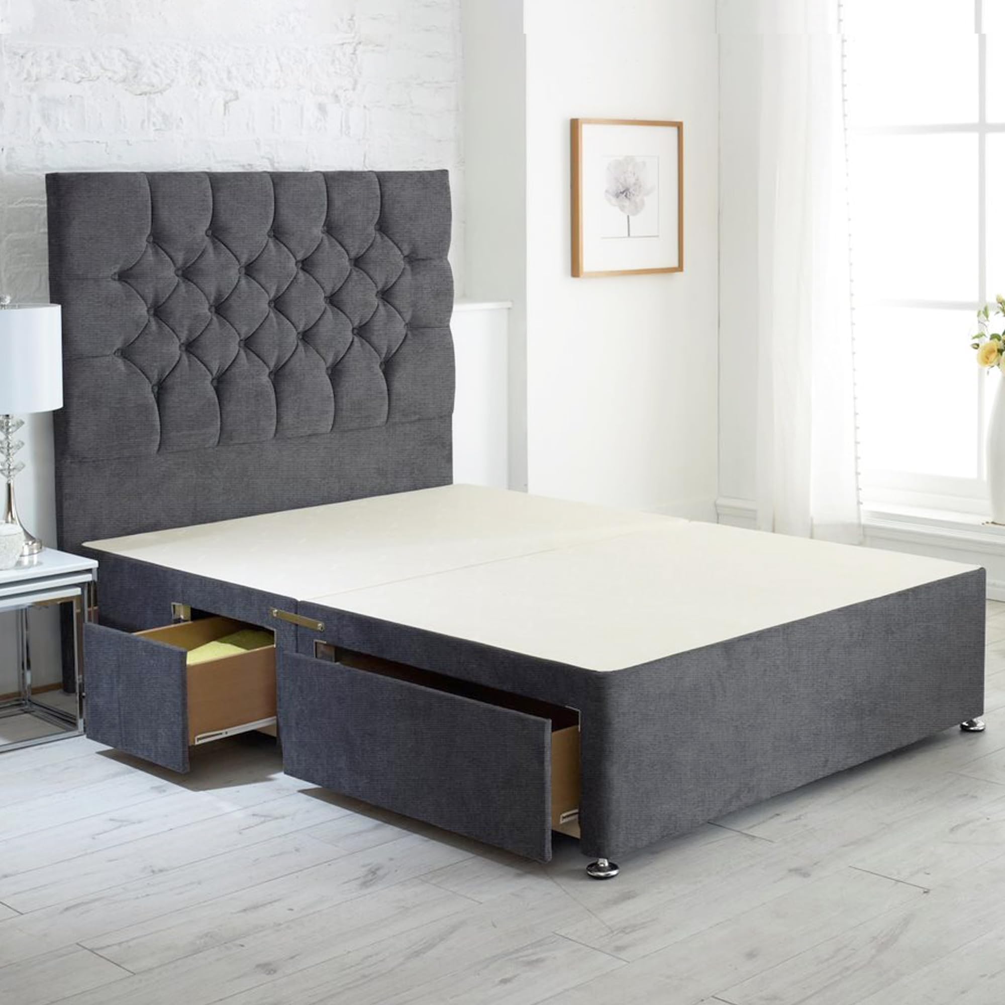 Bed Centre Charcoal Plush Velvet Fabric Divan Base Plus Matching
