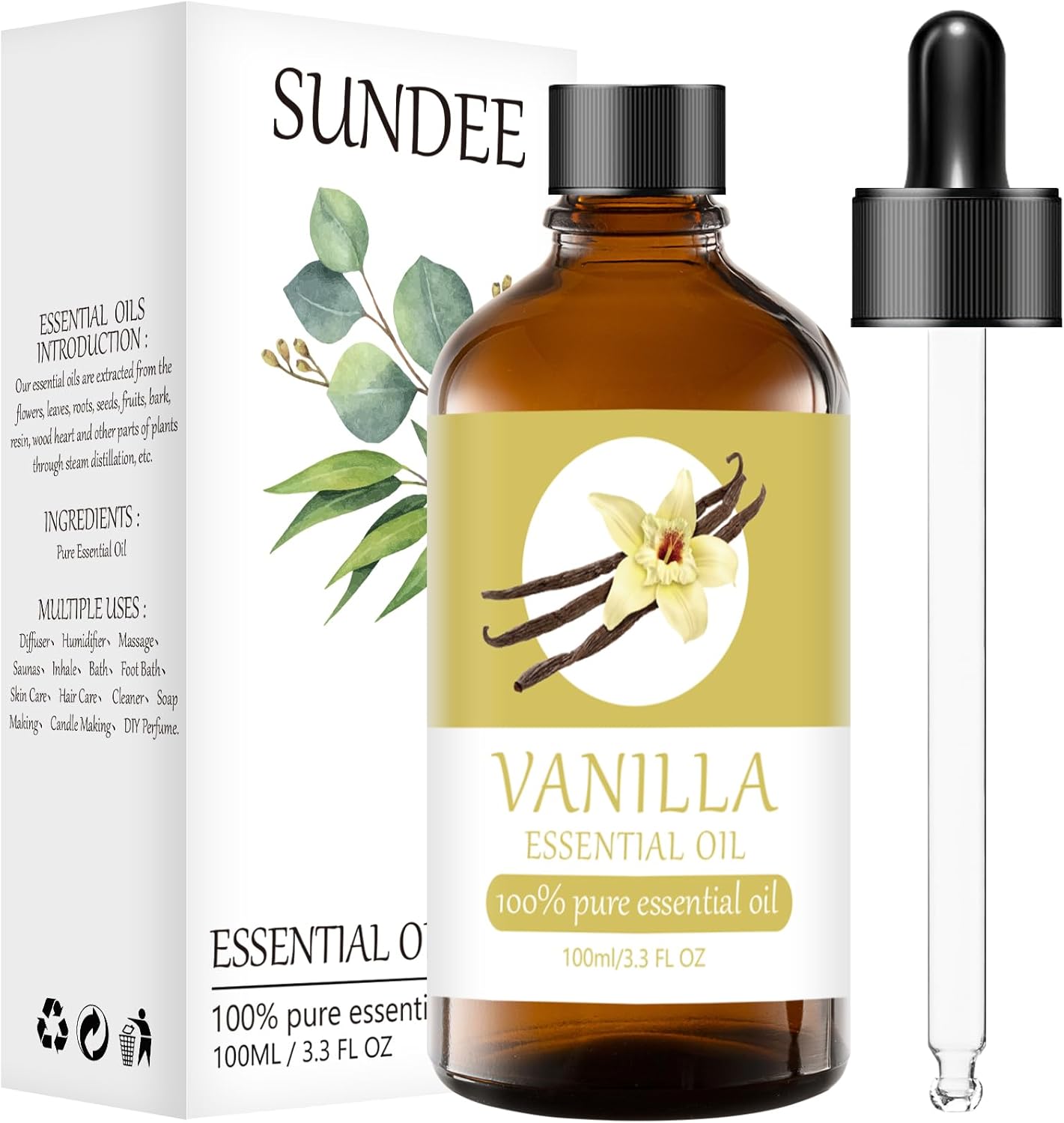 Organic Vanilla Essential Oils 3.3 Fl OZ Aromatherapy 100% Pure Natural Relaxation and Wellness Gift Set Oils for Diffusers Humidifiers, Delicate Grade with Glass Dropper for Air Freshening (100ml)