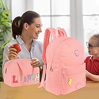 Vista 7 de Kolewo4ever Juego de mochila escolar de 3 piezas, regalo de regreso a clases, bolsa de pana de chenilla con letras, bolsa de almuerzo y estuche