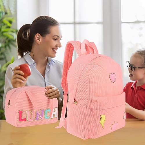 Miniatura 7 de Kolewo4ever Juego de mochila escolar de 3 piezas, regalo de regreso a clases, bolsa de pana de chenilla con letras, bolsa de almuerzo y estuche para