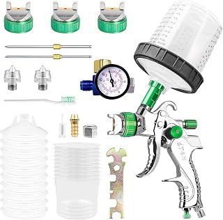 HVLP Lackierpistole Druckluft Set mit Manometer | Profi Spritzpistole 3 Düsen (1,4/1,7/2,0mm) & 10 Stück 600ml PPS Einwegbecher Farbmischbecher | Für Autolackierung, Möbel & Klarlack,(Grün)