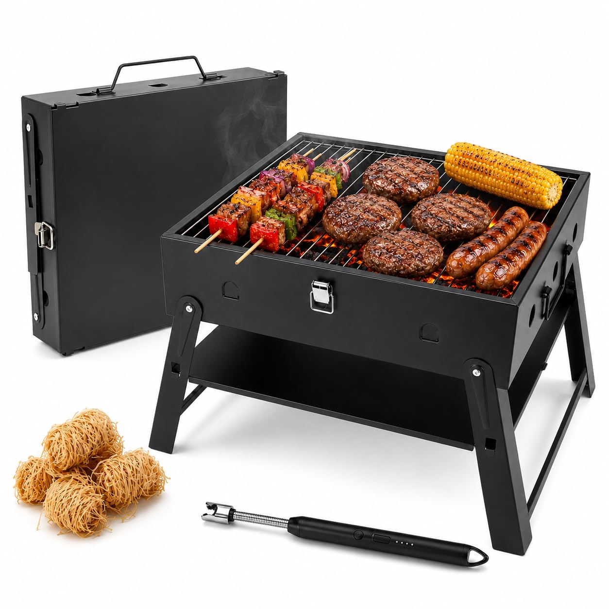 Portable BBQ Charcoal Camping Grill: Tabletop Folding Barbecue Grills with Fire Starter Kit for Outdoor Cooking, Fathers Day Birthday Grilling Gift for Men Dad Husband