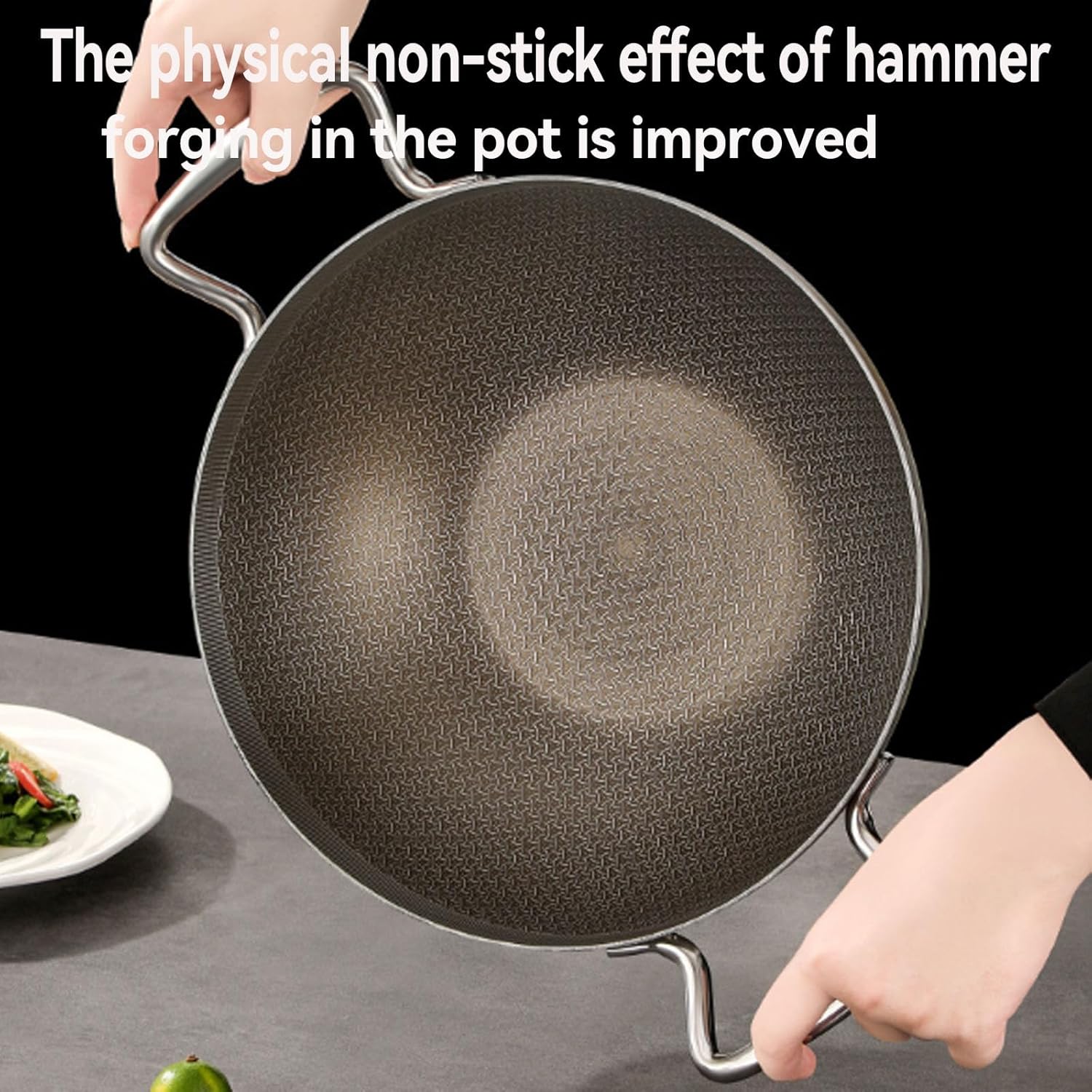 Titanium Hammered Wok with Double Handles, Multifunctional Ultra-Durable Scratch-Resistant Non Stick Even Heating Titanium Wok for Cooking,with Lid,11.02in