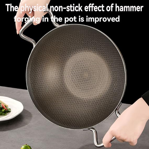 Titanium Hammered Wok with Double Handles, Multifunctional Ultra-Durable Scratch-Resistant Non Stick Even Heating Titanium Wok for Cooking,with Lid,10.23in