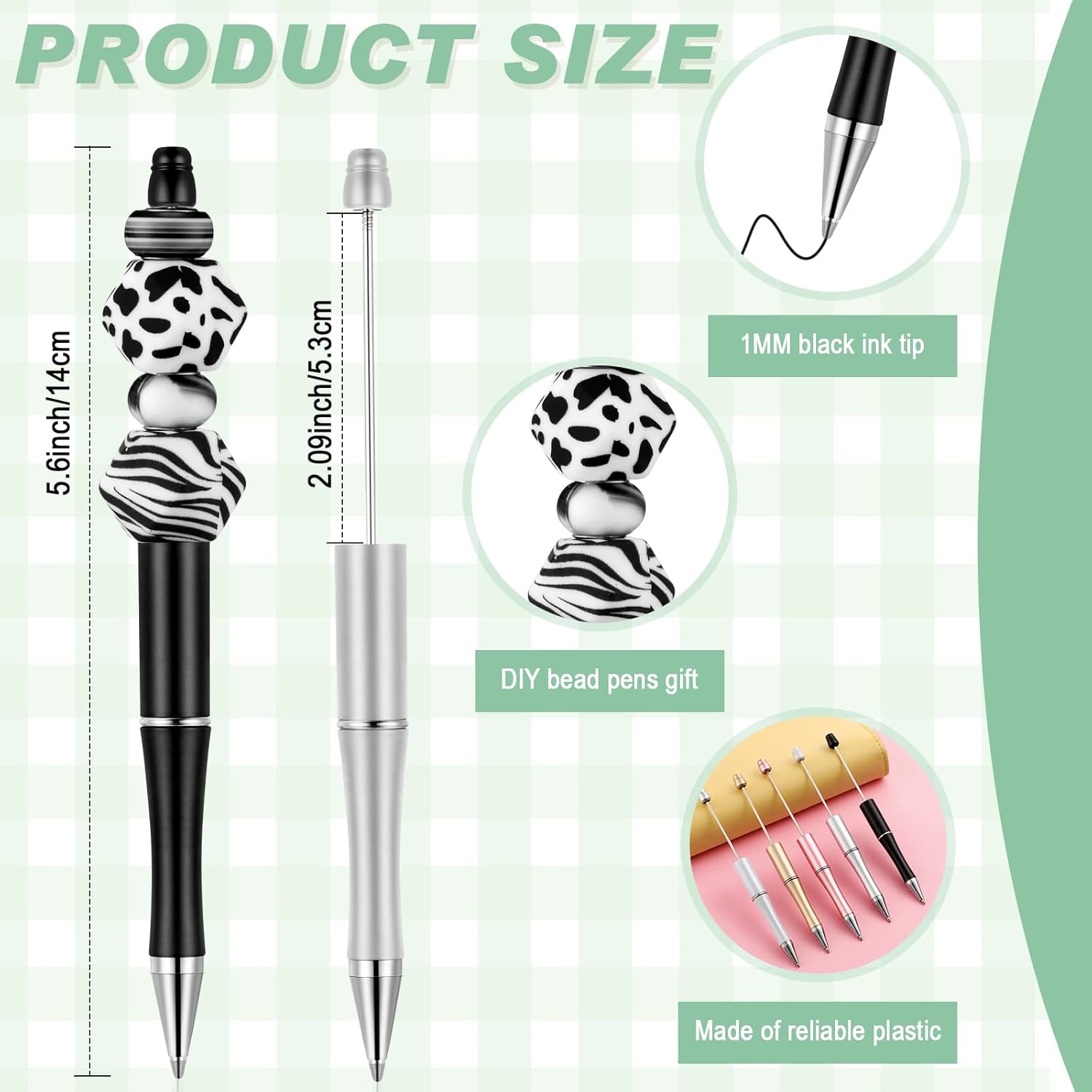 Crtiin 100 Pieces DIY Beadable Pen Bulk Kit 50 Bead Ballpoint Shaft Black Ink Beaded Pens with 50 Refills, School Supplies, Office Accessories, Decorative Items for Students Teachers(Black, Gold)