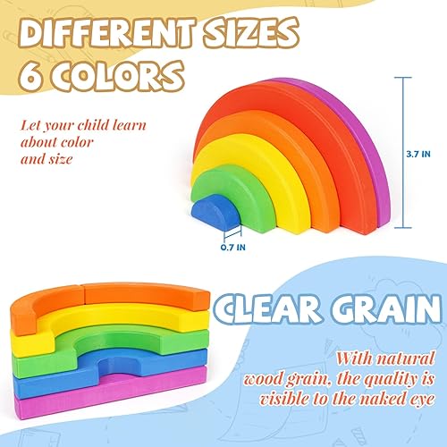 Miniatura 6 de Bloques de construcción apilables de madera arcoíris  22 piezas de juguete creativo de arcoíris apilable, patrón de medio círculo, juego de