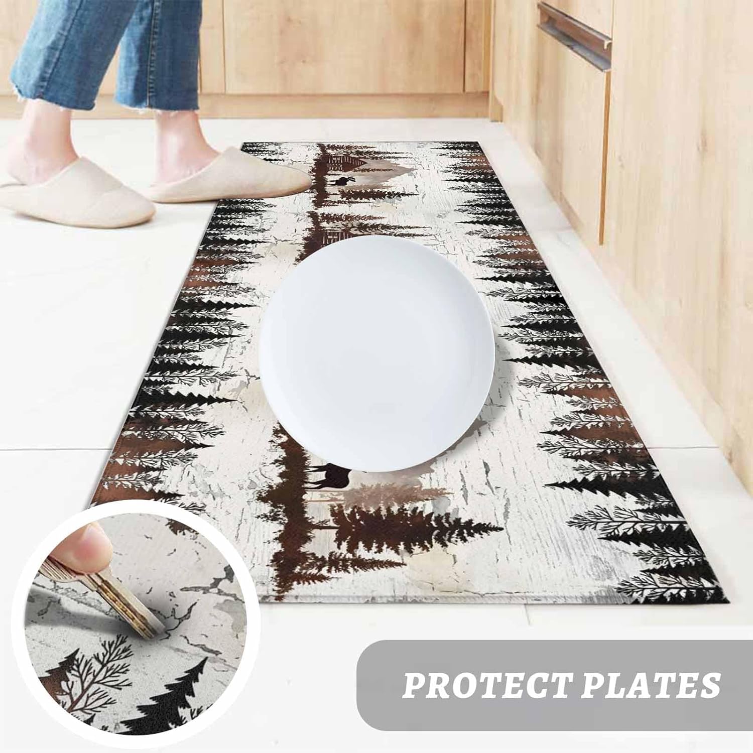 Kitchen Mats for Floor Black Deer Forest Wooden House Washable Non Slip Kitchen Rugs 1PCS, Abstract Mottled Texture Absorbent Standing Mats for Sink Bathroom Office Living Room 23.6x70.9in