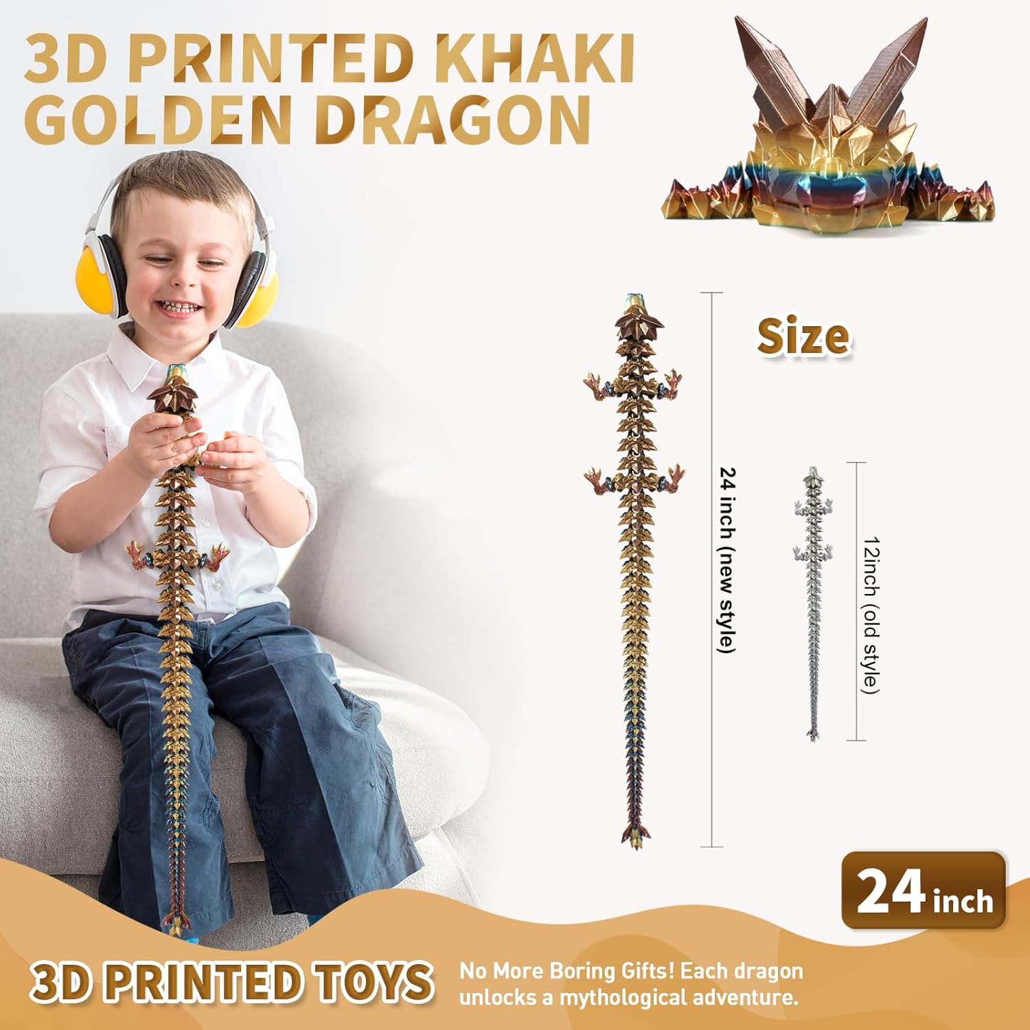 Large 3D Printed Dragon,24 Inch 3D Dragon Toys,Bigger Fidget Crystal Animals Toys, 3D Printed Articulated Animals for Home Office Car Desk Decor (Khaki Gold, 24 inch) - Image 3