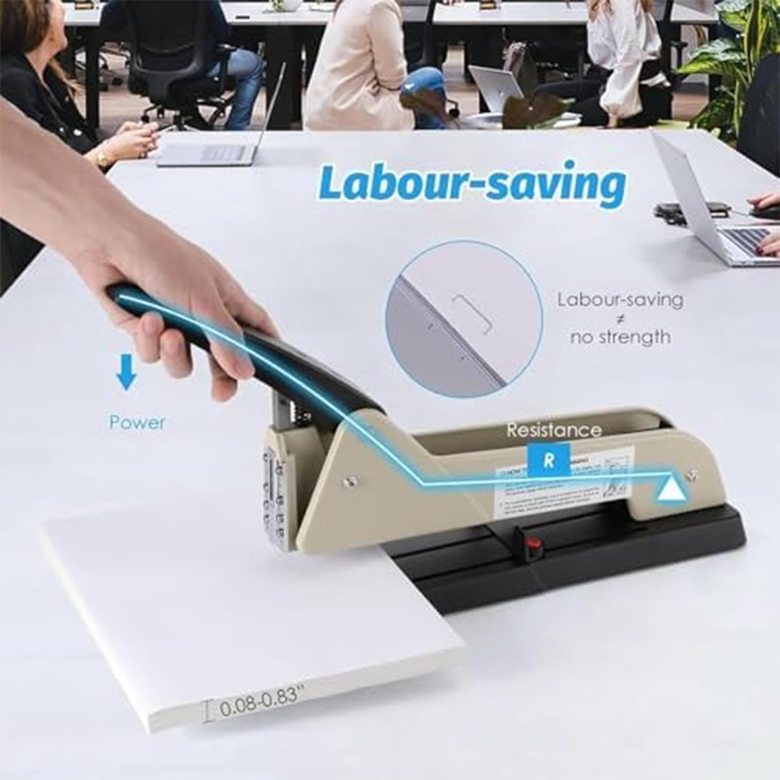 Grapadora resistente con capacidad de 210 hojas, profundidad ajustable y guía de papel para uso en oficina, diseño de largo alcance para grapado sin esfuerzo