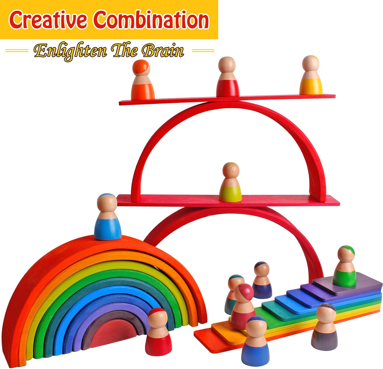 Dinhon 11 PCS Wooden Rainbow Board Oversized Stacking Game Jigsaw Puzzle Building Blocks Children's Baby Toddler Toys 3 Years Old Boys and Girls Toy Gifts