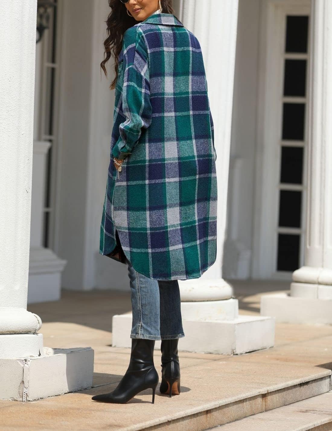 FindThy Women’s Long Plaid Shacket Wool Blend Button Down Shirt Jacket Coat with Pockets - Image 4