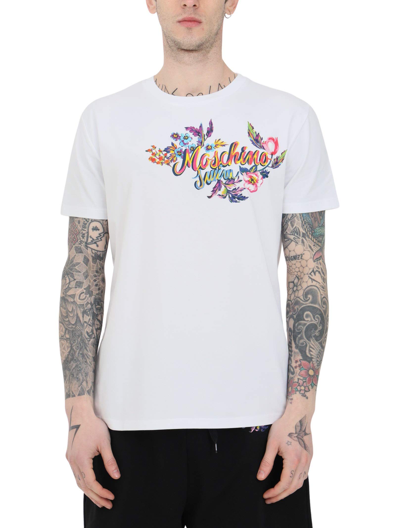 Moschino t-Shirt uomo in Cotone dettaglio Logo Dipinto con Fiori 1904