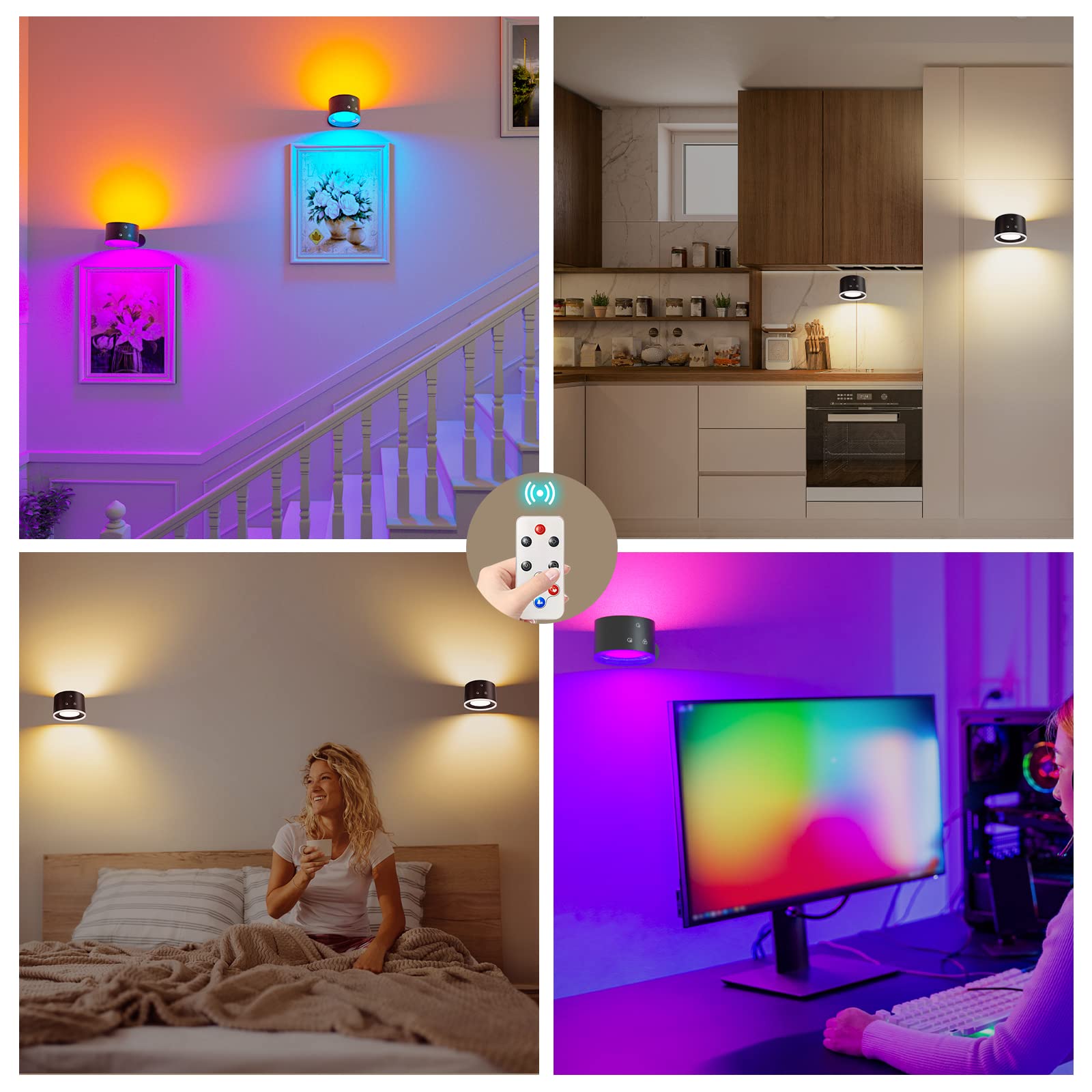 Lampada Da Parete A Batteria Con Telecomando, Luci RGB E Bianco Caldo, Rotazione 360°, Ricaricabile Per Camera Da Letto - 4