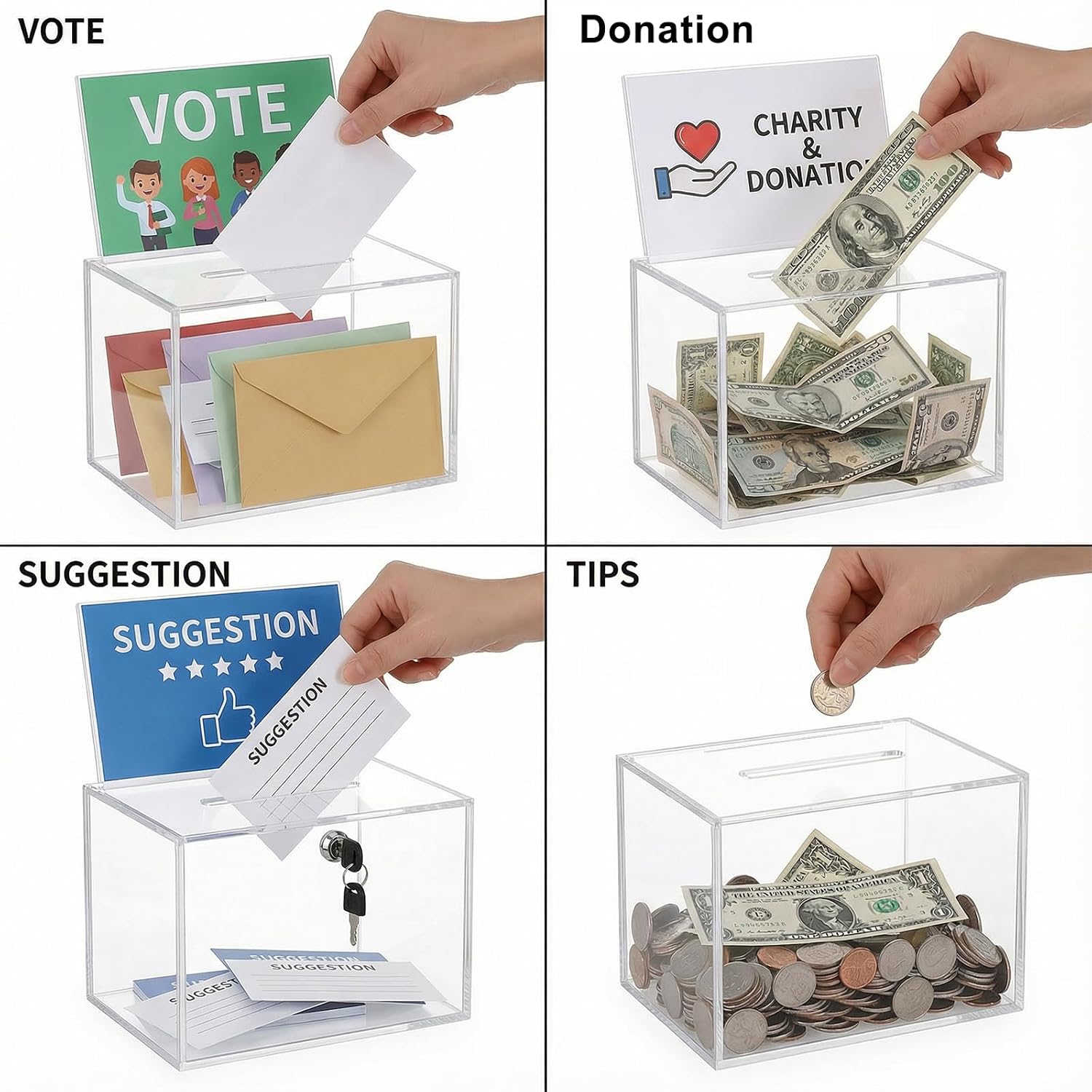 2 PCS Acrylic Donation Box, Raffle Boxes with Slot and DIY Sign | Clear Donation Boxes for Fundraising Tip Jar Includes 200 Raffle Tickets for Bar Tip Collection, 11.81 X 8.27 X 6.57 Inch