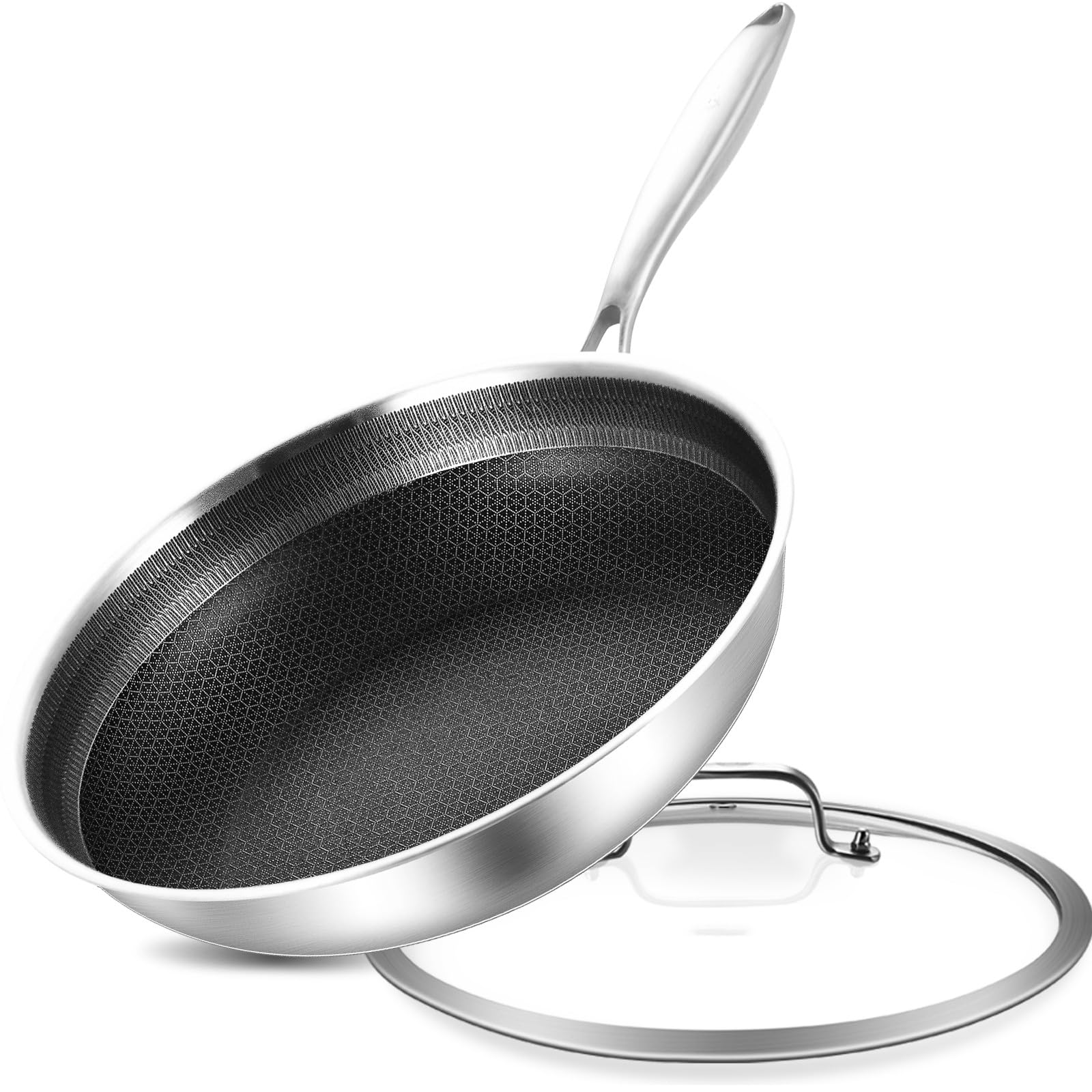 Inqibee 12-Inch Hybrid Tri-Ply Stainless Steel Sauté Pan,Non-stick Frying Pan with Lid,Skillet,Induction Chef's Pan,Heavy Duty and Oven Safe,Detachable Handle.