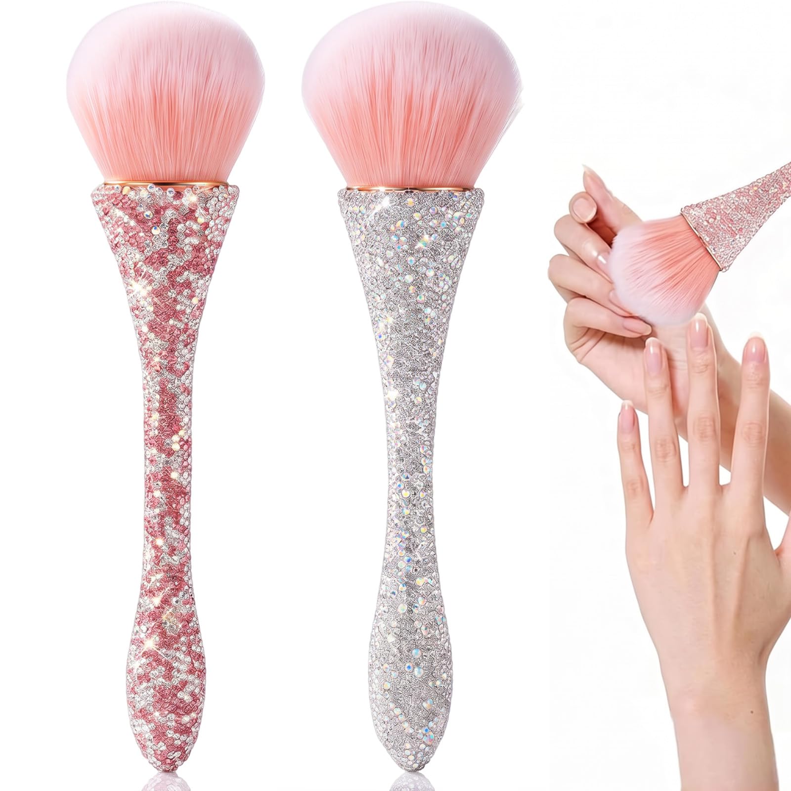 2 PCS Nail Art Dust Brush Shiny Rhinestone Fust Brushes Ultra Soft Nylon Dust Brush for Loose Face Cosmetics Blending Liquid Foundation Powder Make Up Brushes Cleaning Tools Shape Nail & Makeup Brus