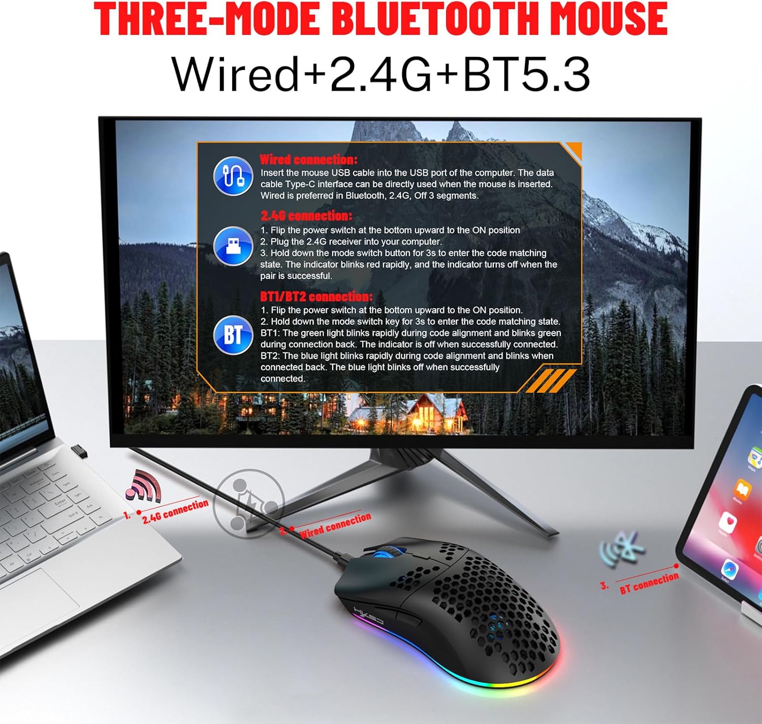 Diagram illustrating three connection modes: Wired, 2.4G, and Bluetooth