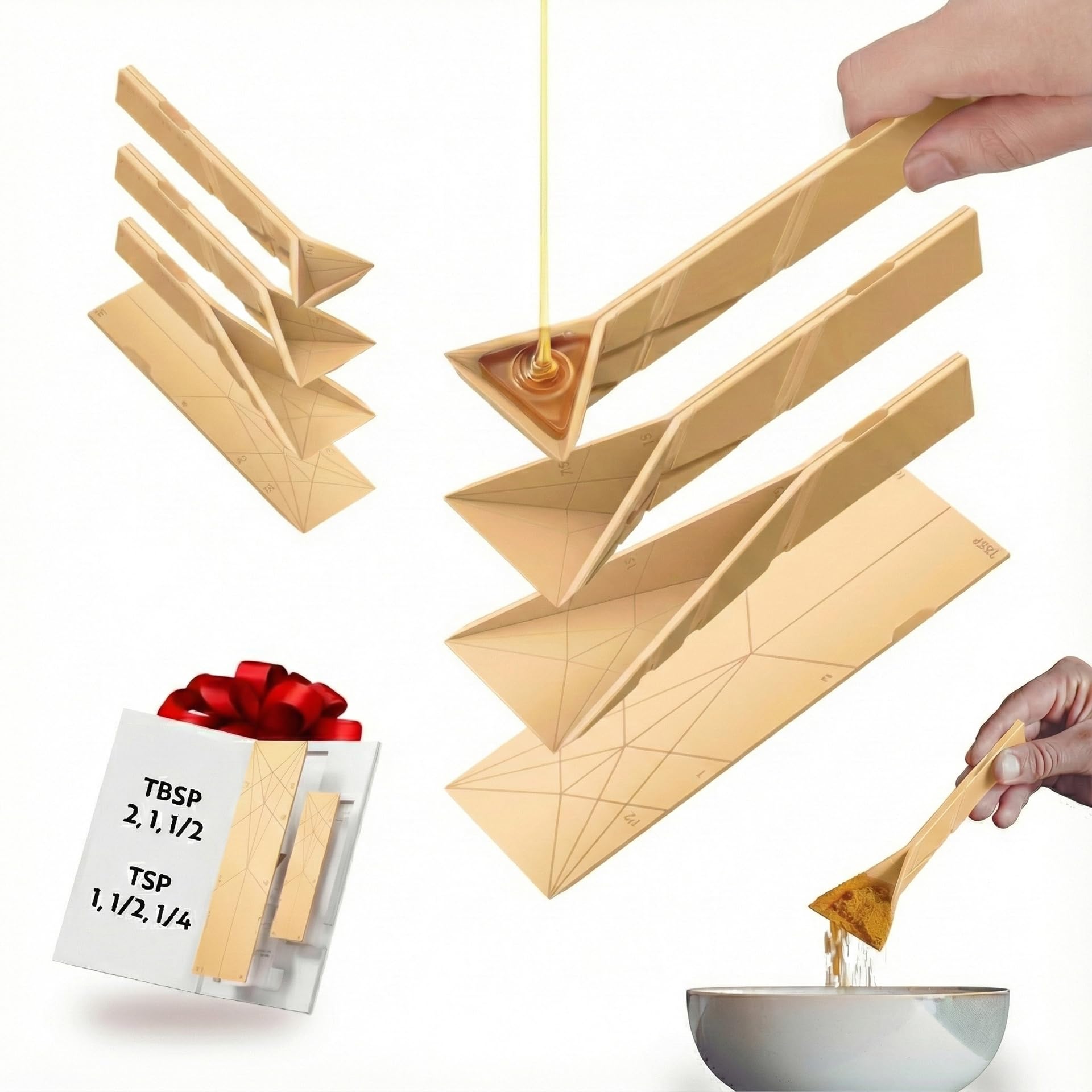 Photo 1 of ***DIRTY*** POLYGONS - Original Flat 3-in-1 Folding Measuring Spoons | 2 Spoons fold into 6 Sizes | Magnetic | DuraBend Tech lasts 100k+ folds | LeakProof for Wet & Dry | Gift Packaging | Baking/Cooking (Yellow)