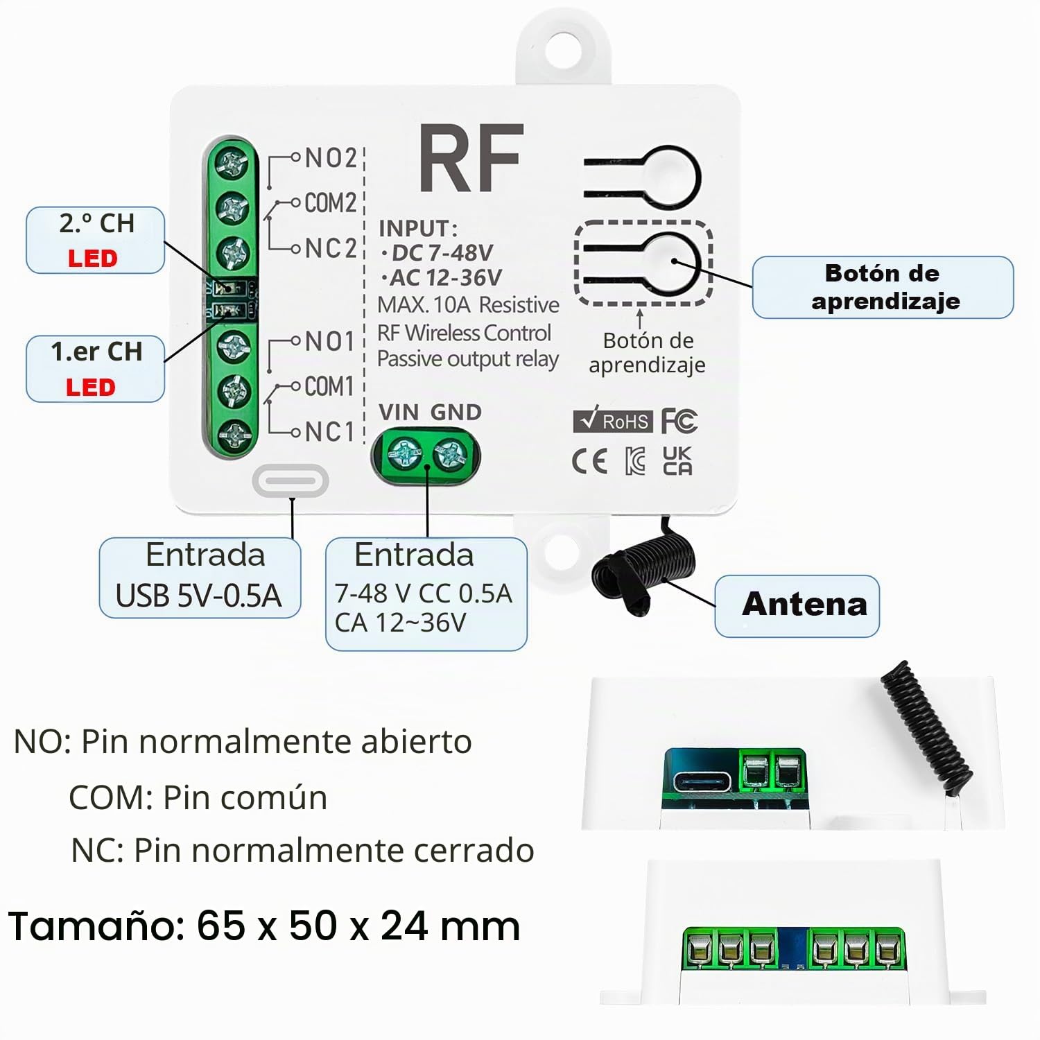 Interruptor De Controlo Remoto Inalámbrico, DC 12V 24V O CA12V 24V 10A 2Canales Recetor De Relé E 2 Transmissores Para Luz, Motor De Portón, Sistema De Puerta De Garaje