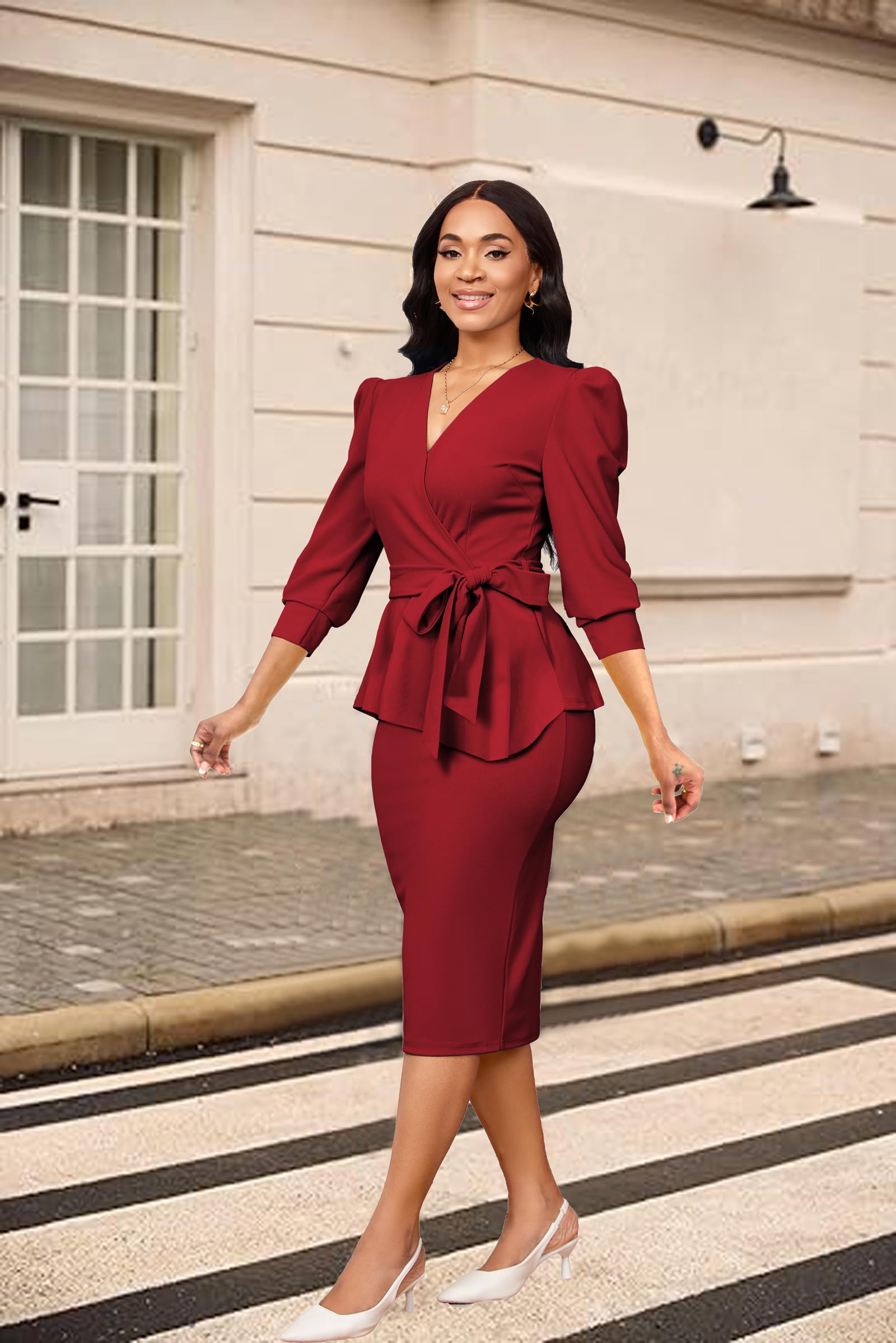 dark red peplum dress Snapklik.com : Yiershu Dark Red Dress For Women Peplum Bodycon Dresses  Elegant Sexy V Neck 3/4 Sleeve Formal Dress For Women Business Wear To Work