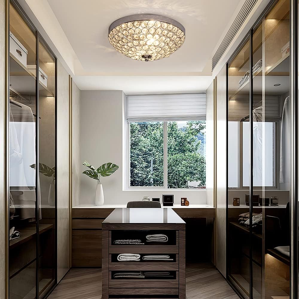 DLLT Modern Flush Mount Crystal Ceiling Light, 2-Light Small Chandelier Close to Ceiling Light Fixtures for Bedroom, Entryway, Foyer, Hallway, Dining Room, Chrome Finish Bowl Shape Shade E12 - - 