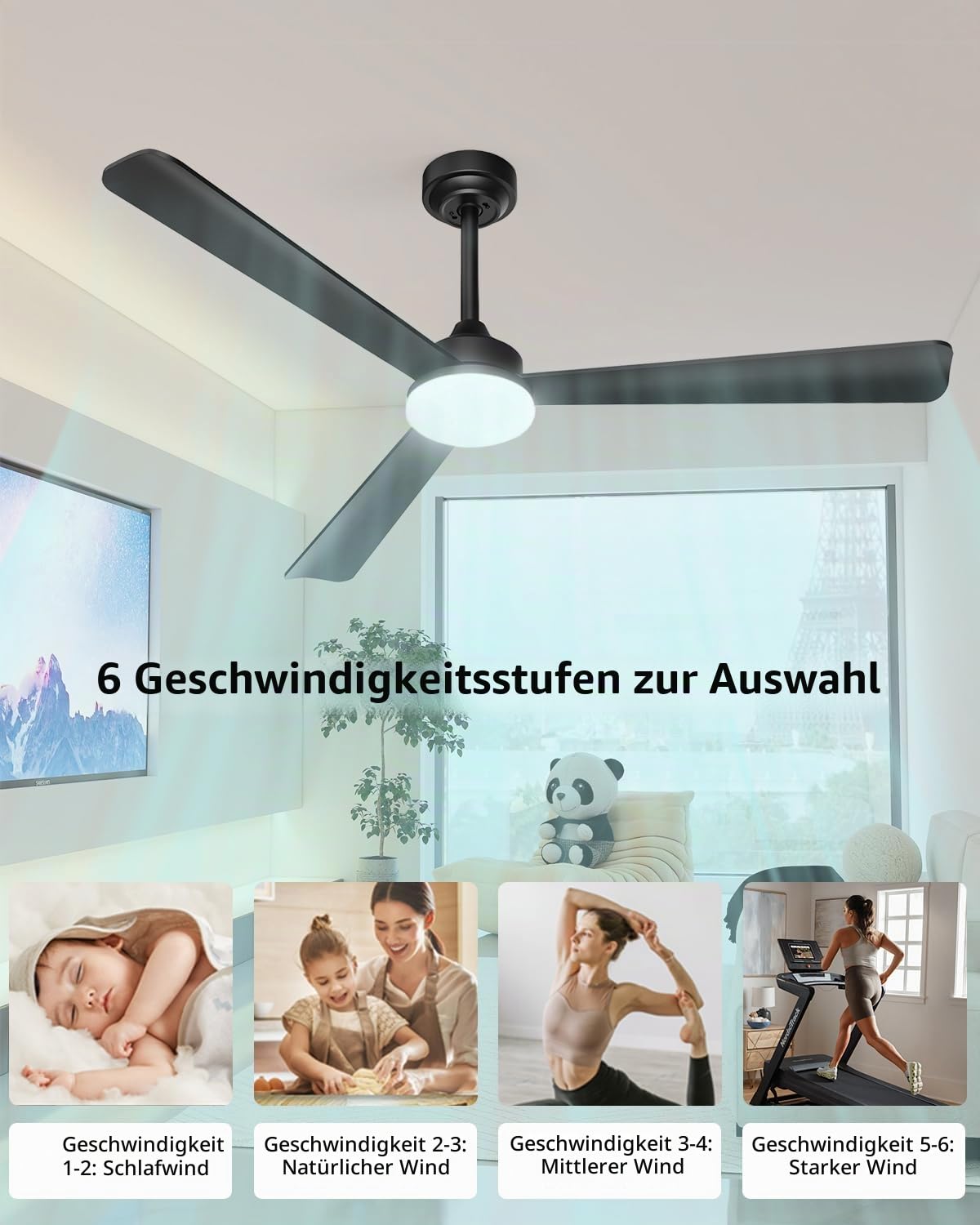 Deckenventilator mit Beleuchtung und Fernbedienung, 132 cm/52 Zoll, 3 Flügeln, Timer, 3 Farbtemperatur, 6 Geschwindigkeiten, Umkehrbar DC Motor, für Schlafzimmer Wohnzimmer
