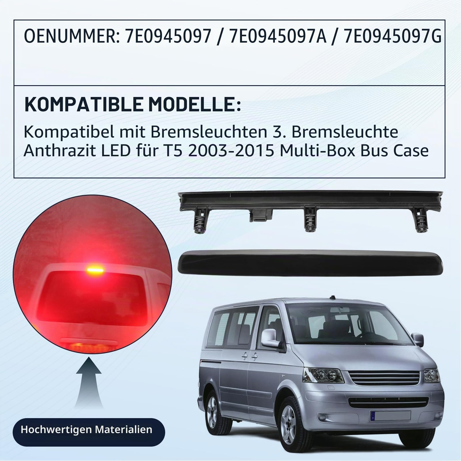 Bremslicht 3a Schwarz für T5 2003-2015 Transporter Multivan Bus Box Kasten 7E0945097 Bremsleuchte Oben Bremslichte Heckklappe 3. Bremsleuchte Drittes Bremslicht Schwarz 7E0945097A 7E0945097G