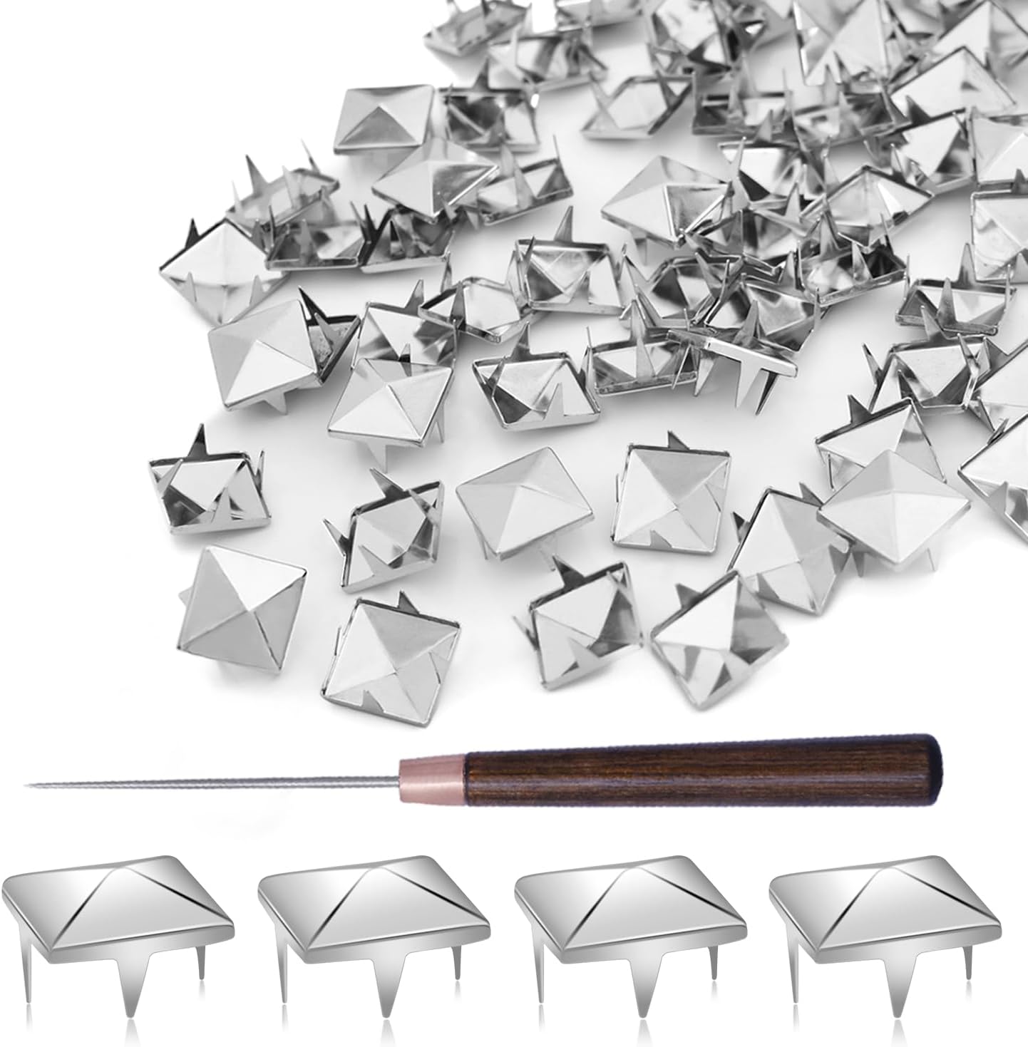 500Pcs 10mm Square Pyramid Studs for Clothing, Metal Claw Nailhead Spike Rivets Studs with Tool for Punk Rock Clothing Leather Shoes Bag DIY Craft Accessories (Silver)