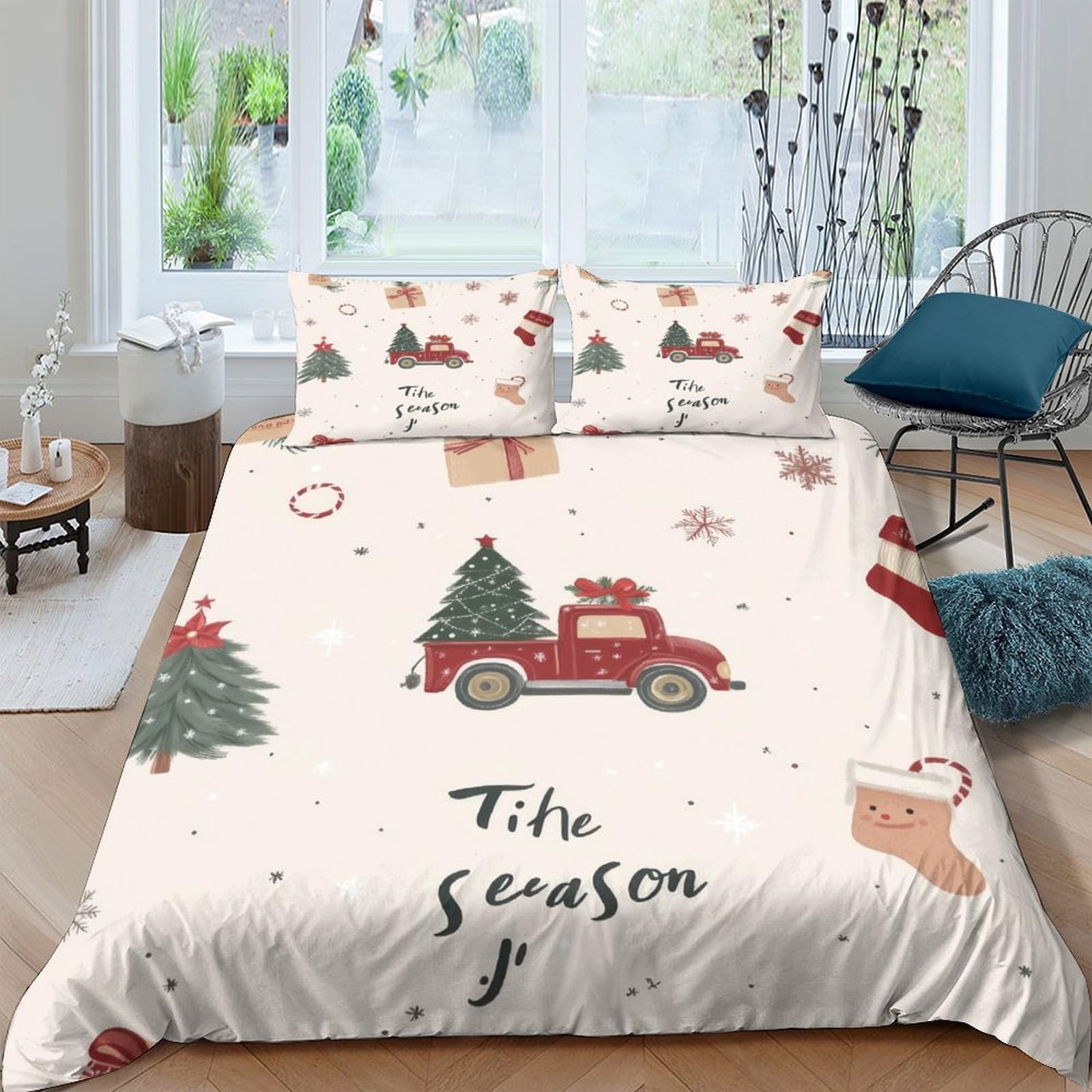Ctjqhvkz Style-3 3D Printed Christmas Red Truck Fitted Sheet Microfiber Soft Festive Tree Bed Cover For Bedroom Guest Room Decor Single（135X200cm）