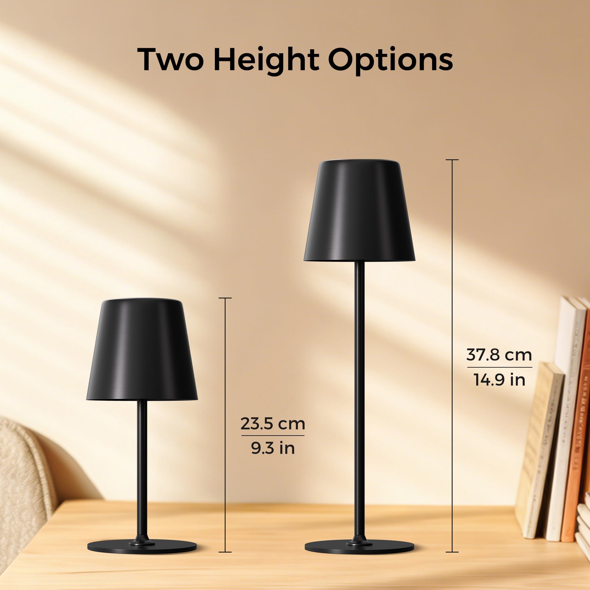 LED Tischlampe Kabellos 2 Stück, Dimmbare Nachttischlampe Touch, Akku Tischleuchte Kabellos, Indoor Outdoor Tischlampe Akku, 3-stufig Warmlicht, IP54 Wasserdicht, Vollmetallgehäuse, Schwarz