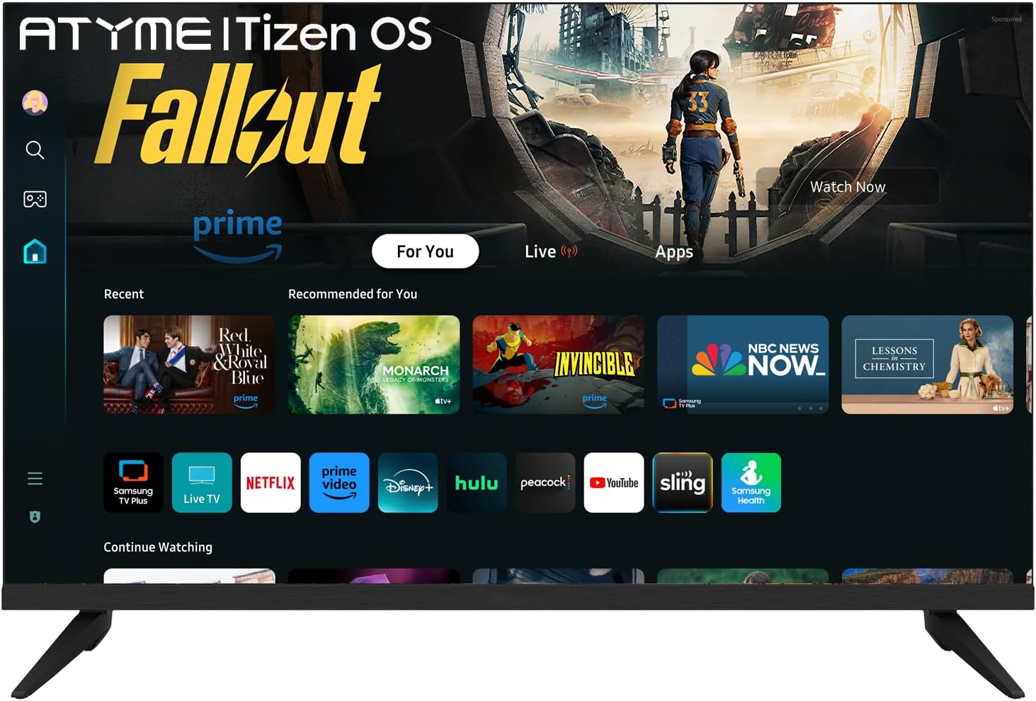 ATYME 32-inch Smart TV displaying the Tizen OS home screen with various streaming app icons.