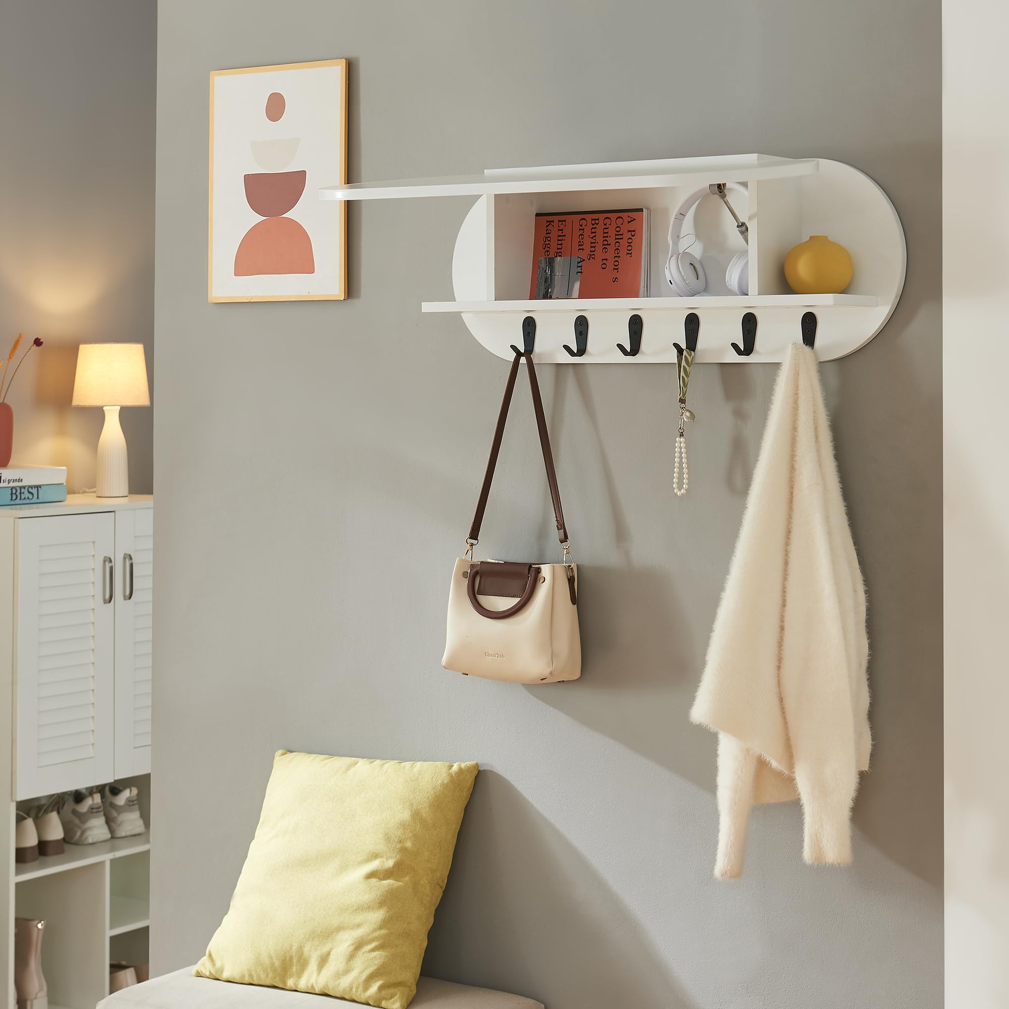 [en.casa] Appendiabiti da Parete con Scomparto Chiuso e Vani Aperti Mensola Attaccapanni a Muro con Anta a Ribalta e 6 Ganci per Borse Cappotti 80 x 16 x 30 cm - Bianco