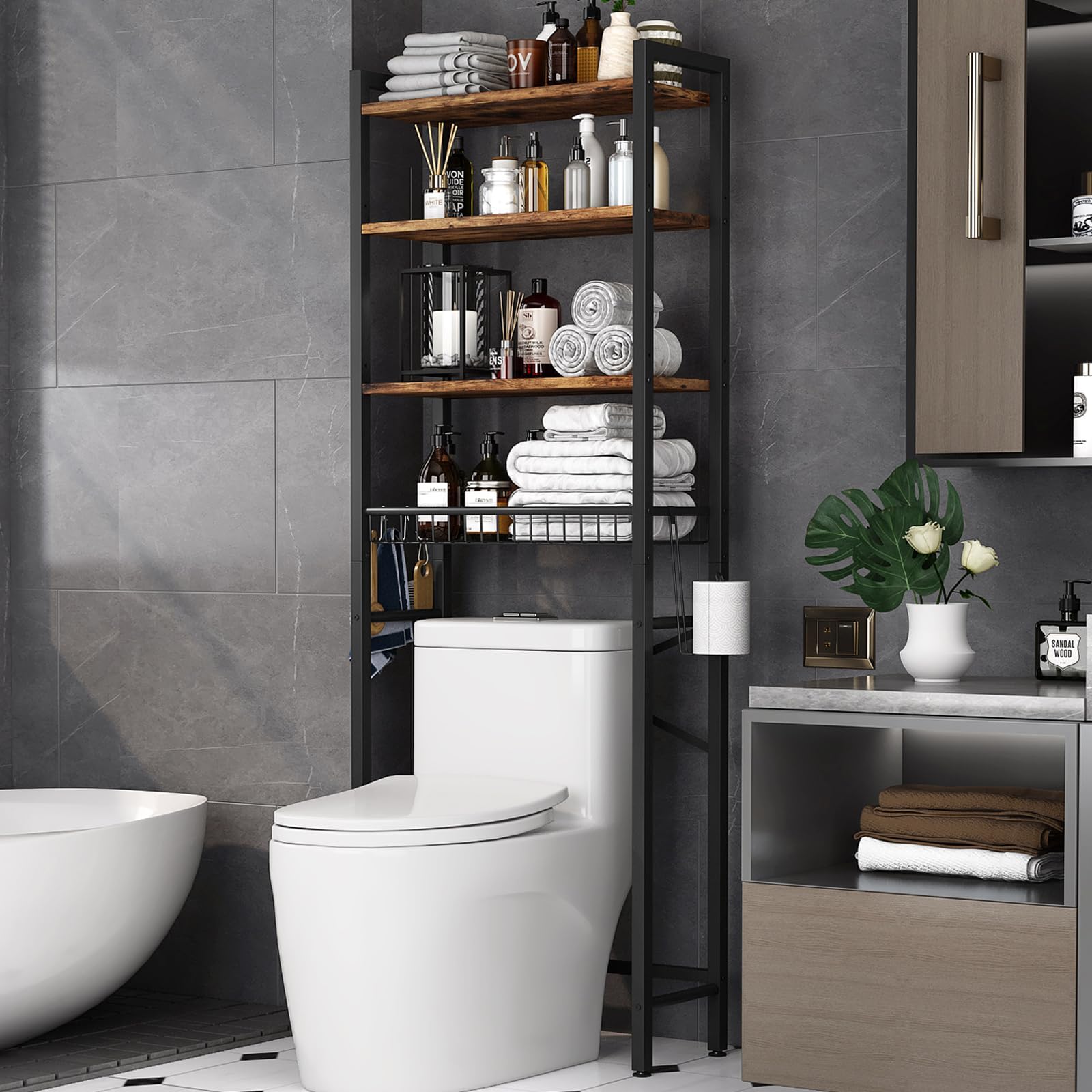 Kalrin Étagère de Toilette Multifonctionnelle Ajustable à 4 Niveaux avec Panier pour Salle de Bain et Toilettes, Gain de Place, Facile à Assembler - Brun Vintage