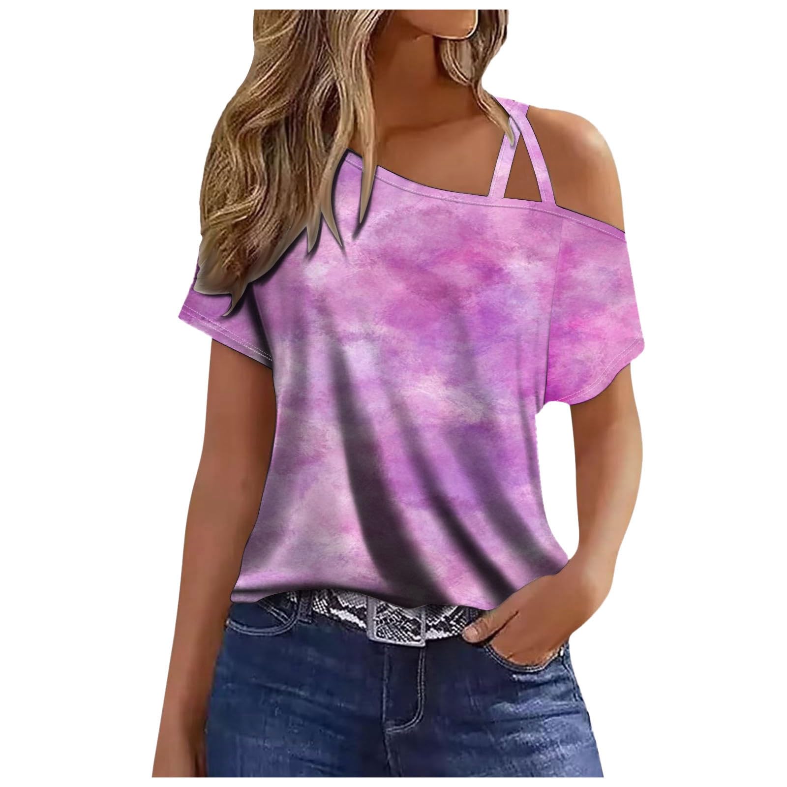 Generic Camiseta Pechos Mujer Vacaciones de Moda, Sexy, Tinte, Camisetas con Hombros Descubiertos, Pantalones Cortos de Manga Corta, túnica Informal Holgada y cómoda Camisetas Diferentes Mujer
