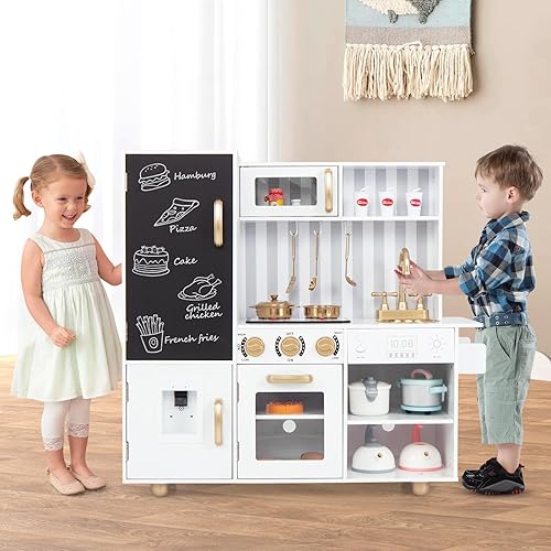 Miniatura 4 de Costzon Juego de cocina para niños, juego de cocina de juguete de madera con estufas, microondas, pizarra, dispensador de agua, accesorios de