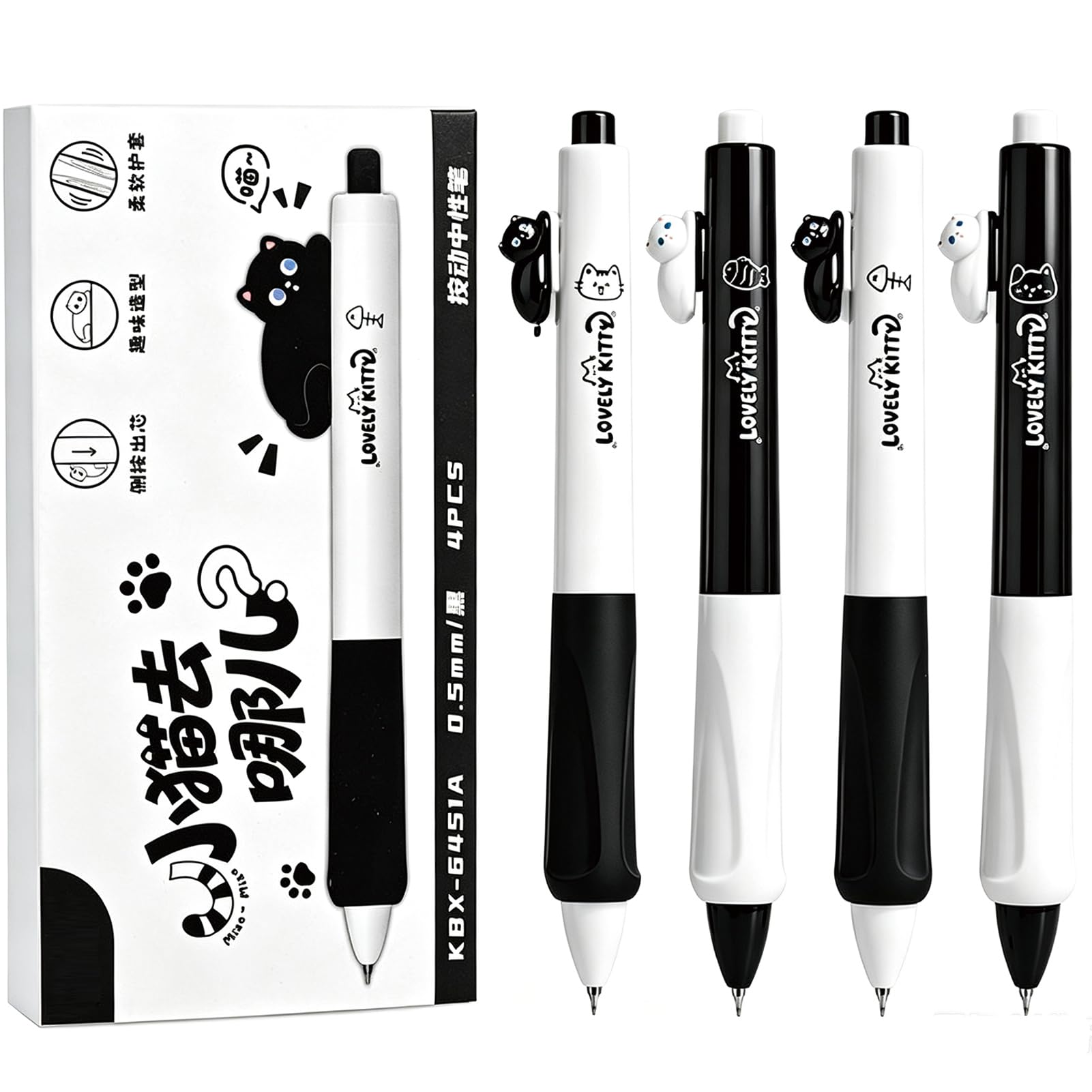 MOZXIRZ Wysuwane długopisy z uroczym kotem, zabawne długopisy żelowe, 0,5 mm, cienka końcówka, czarny atrament, gładkie pisanie, kawaii, dla kobiet, dziewcząt, chłopców, mężczyzn, biurowe przybory