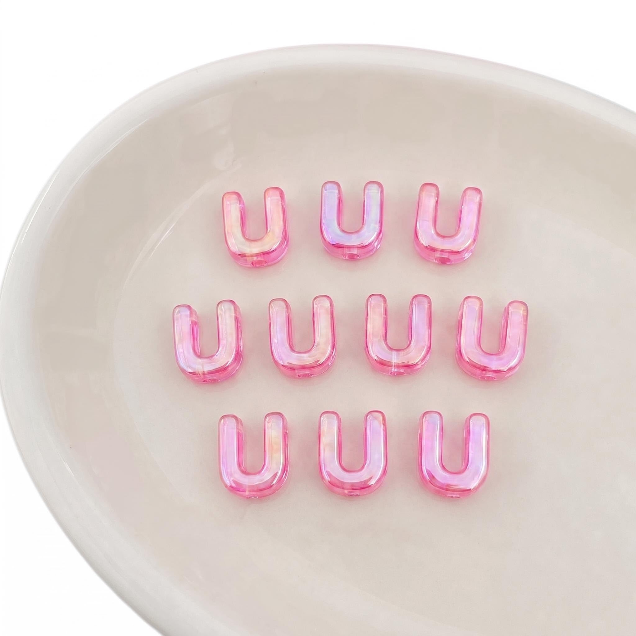 Letter Beads 10pcs, Large Acrylic Alphabet Beads with 6mm Hole, Iridescent Holographic UV Plated for Bracelet Making, Jewellery, Keyrings & Craft (Iridescent Pink, Letter U)
