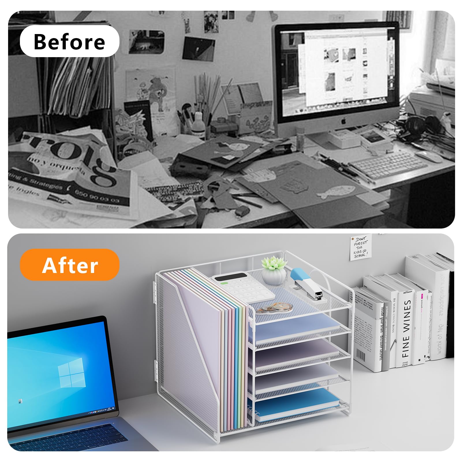 Restorgan Bureauorganizer met archiefhouder, 5 lagen papieren brievenbakorganizer, bureauorganizer en opslag, mesh bureau-organizers en accessoires voor thuiskantoorbenodigdheden (wit