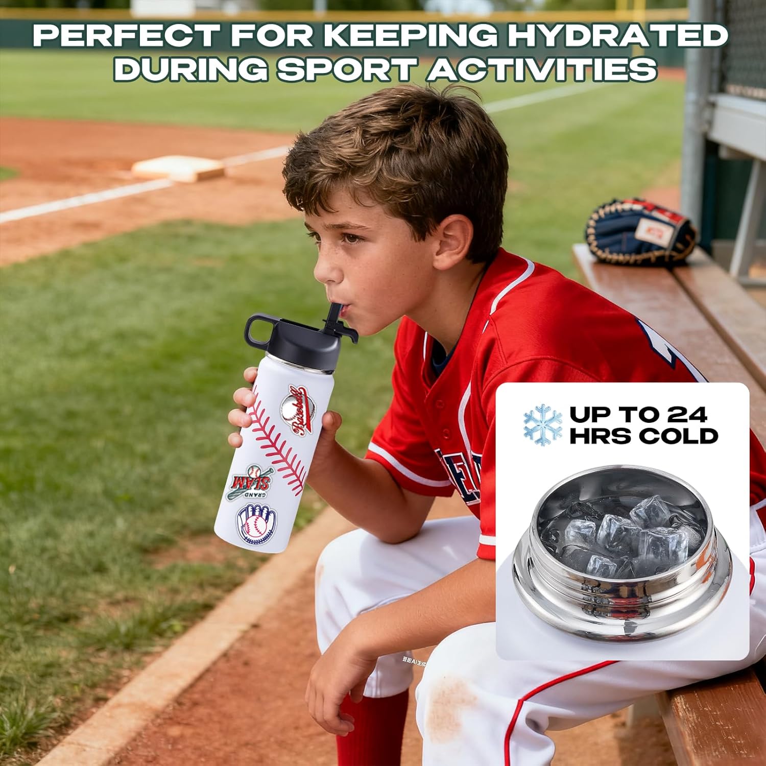 Baseball Water Bottles for Boys 18 oz and 100 PCS Baseball Stickers Sports Insulate... - Image 3