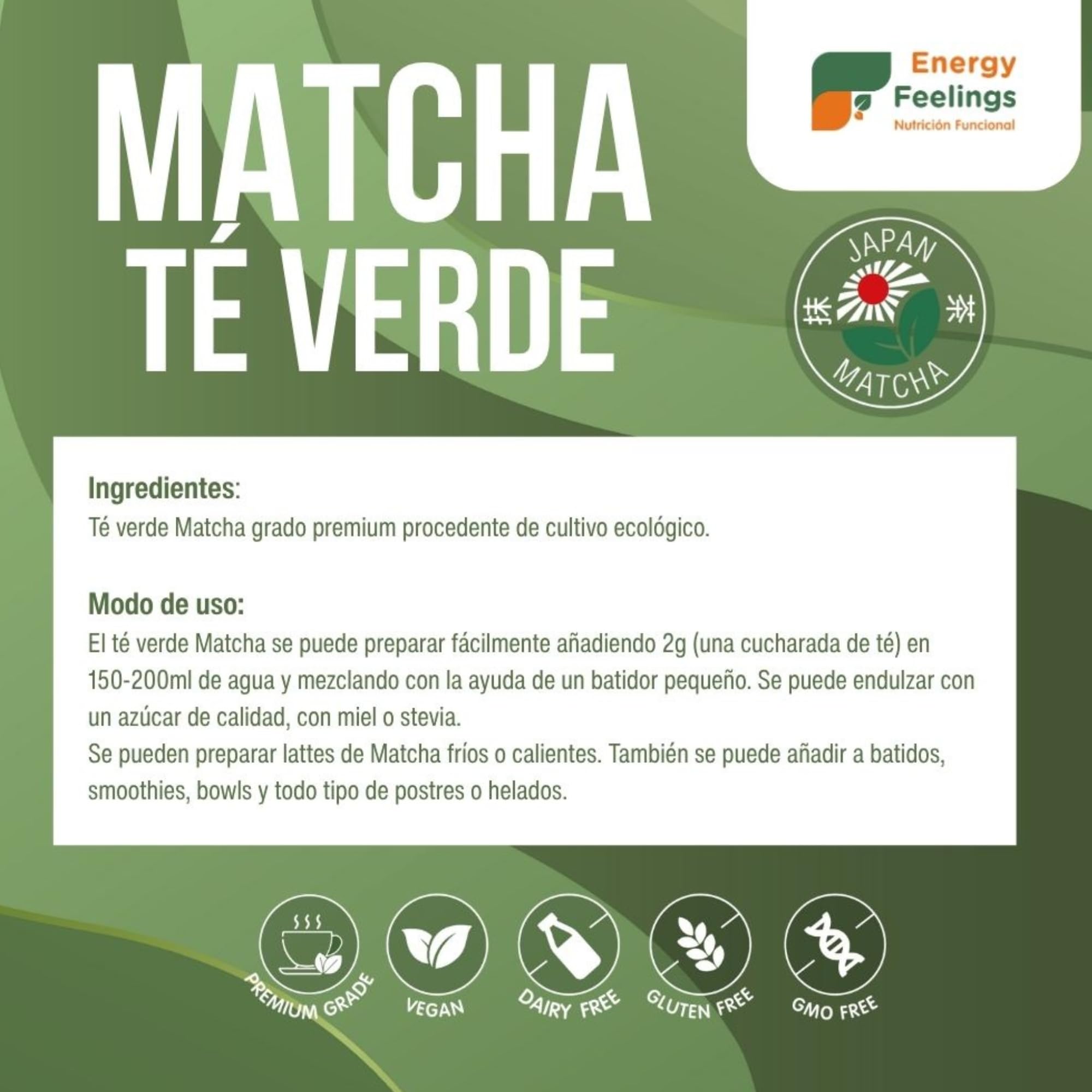 Energy Feelings Té Matcha en Polvo Premium 200g, Té Verde Matcha Japonés Orgánico Puro, Rico en Antioxidantes Naturales, Green Tea Powder, Ideal para Latte, Vegano, Sin Gluten, Sin Lactosa