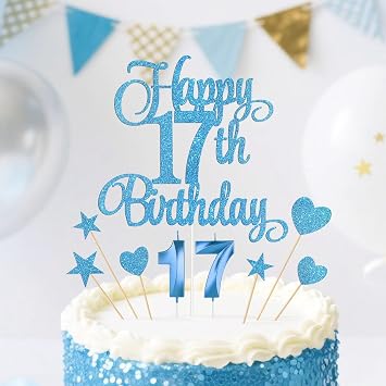 Blue Happy 17th Birthday Cake Decorations, Glitter 17th Birthday Cake Toppers Set and Numeral 17 Candles for Birthday Party Supplies, Heart Star Cupcake Decorations