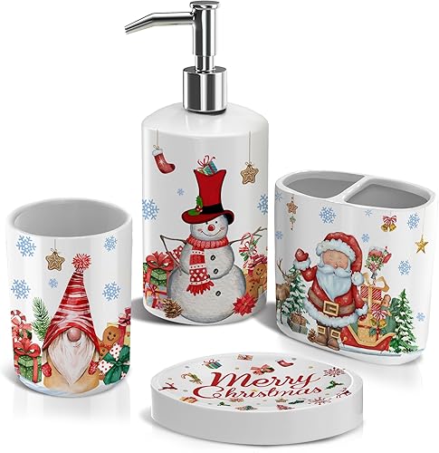 Christmas Bathroom Accessories Set 4, Christmas Bathroom Decor, Xmas Toothbrush Holder Sets, Snowman Soap Dispenser Bath Decorations