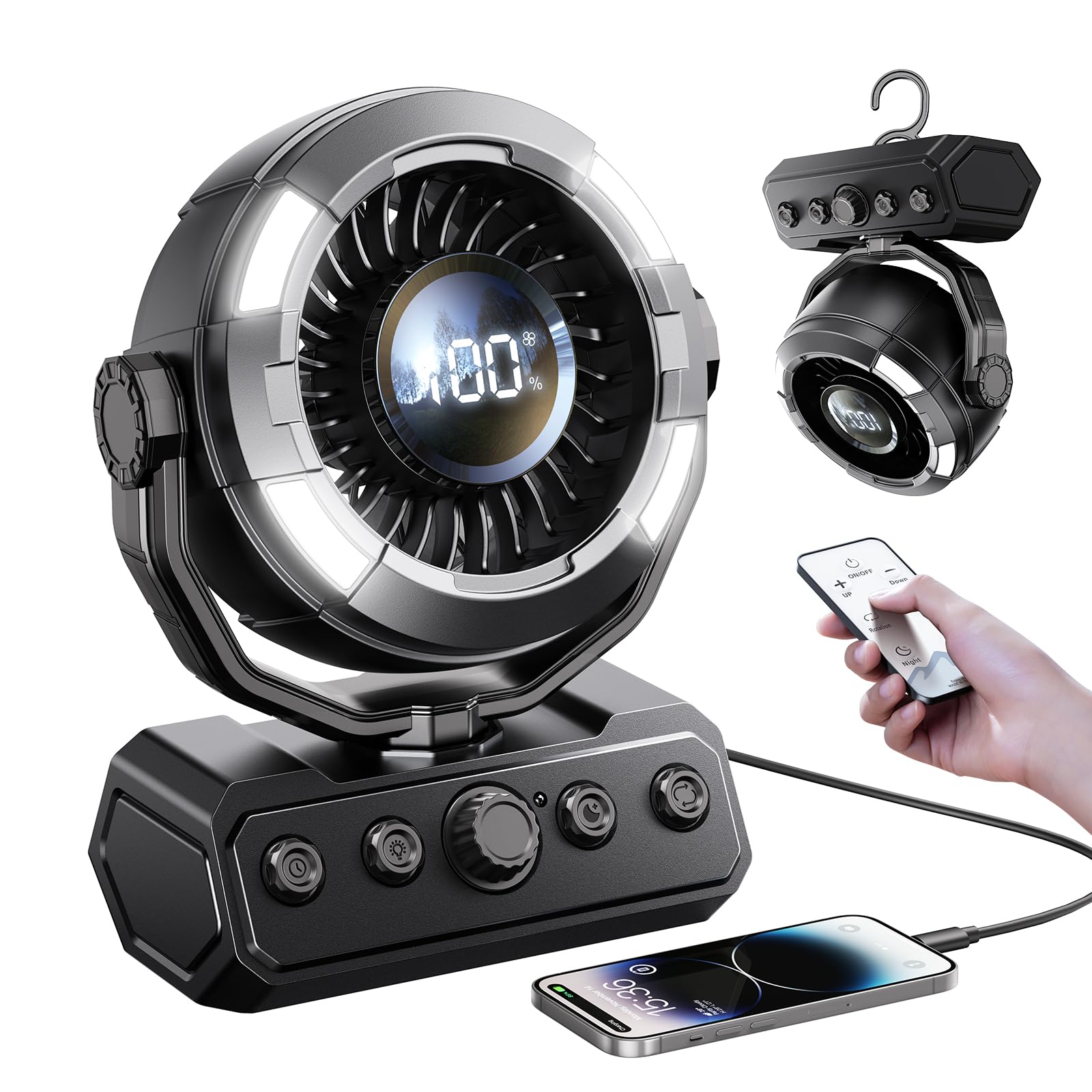 KIMMOO 20000mAh Camping Fan with Light, 80Hrs Max Cooling, 100 Speeds, Portable Fan Rechargeable with Hook, Remote, Timer, 180° Oscillation, Battery Powered for Outdoor Tent Beach Travel BBQ (Black)